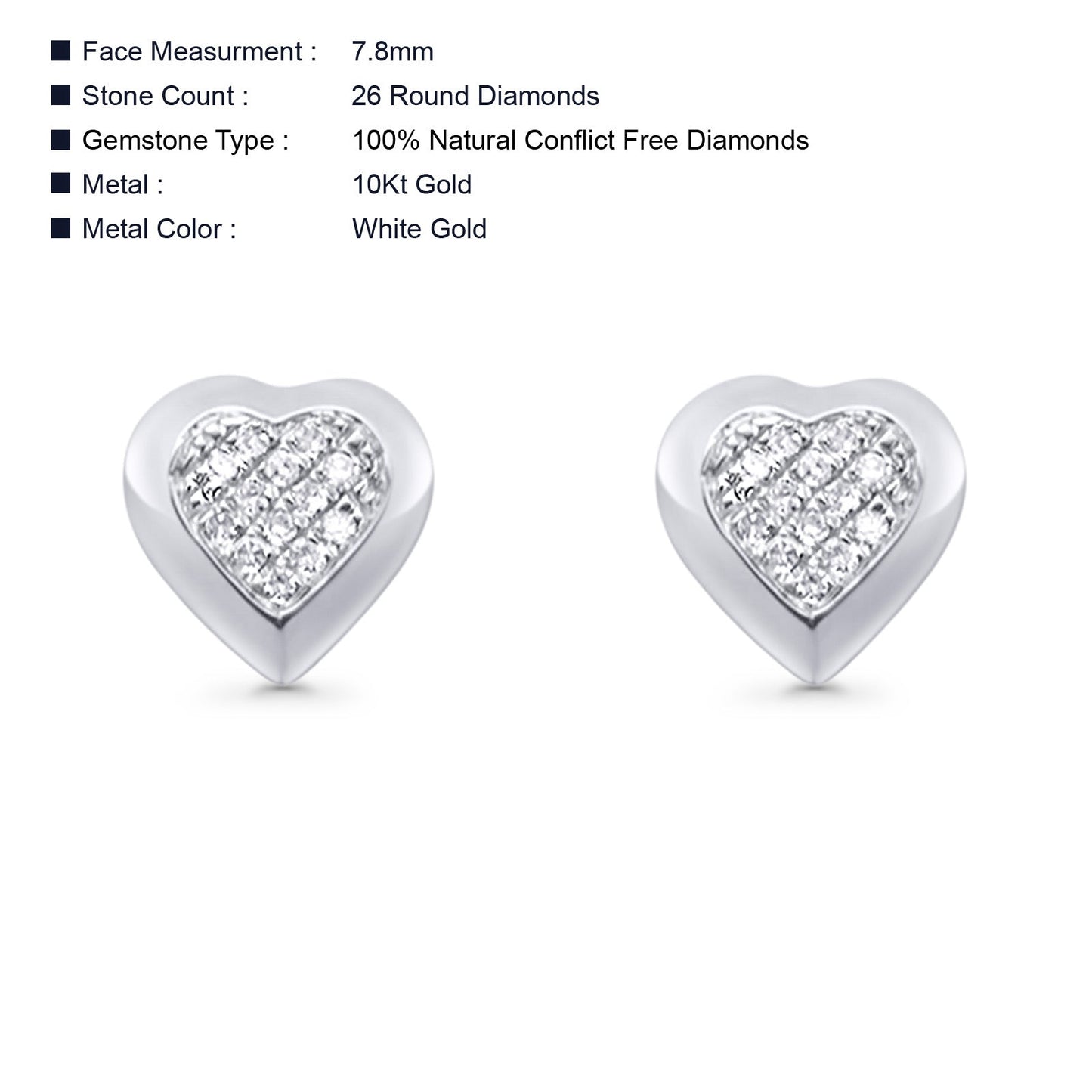 Solid 10K White Gold 7.8mm Heart Shaped Round Diamond Stud Earrings Wholesale