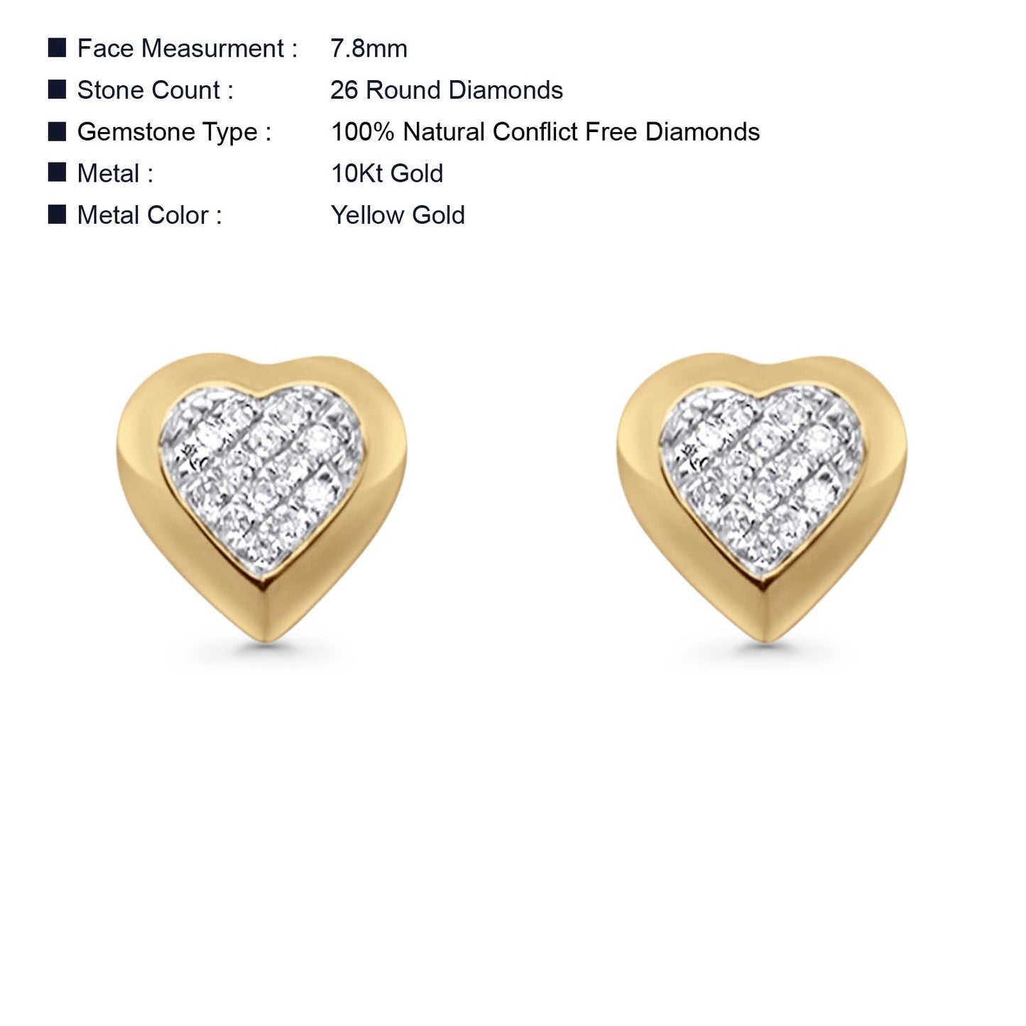 Solid 10K Yellow Gold 7.8mm Heart Shaped Round Diamond Stud Earrings Wholesale