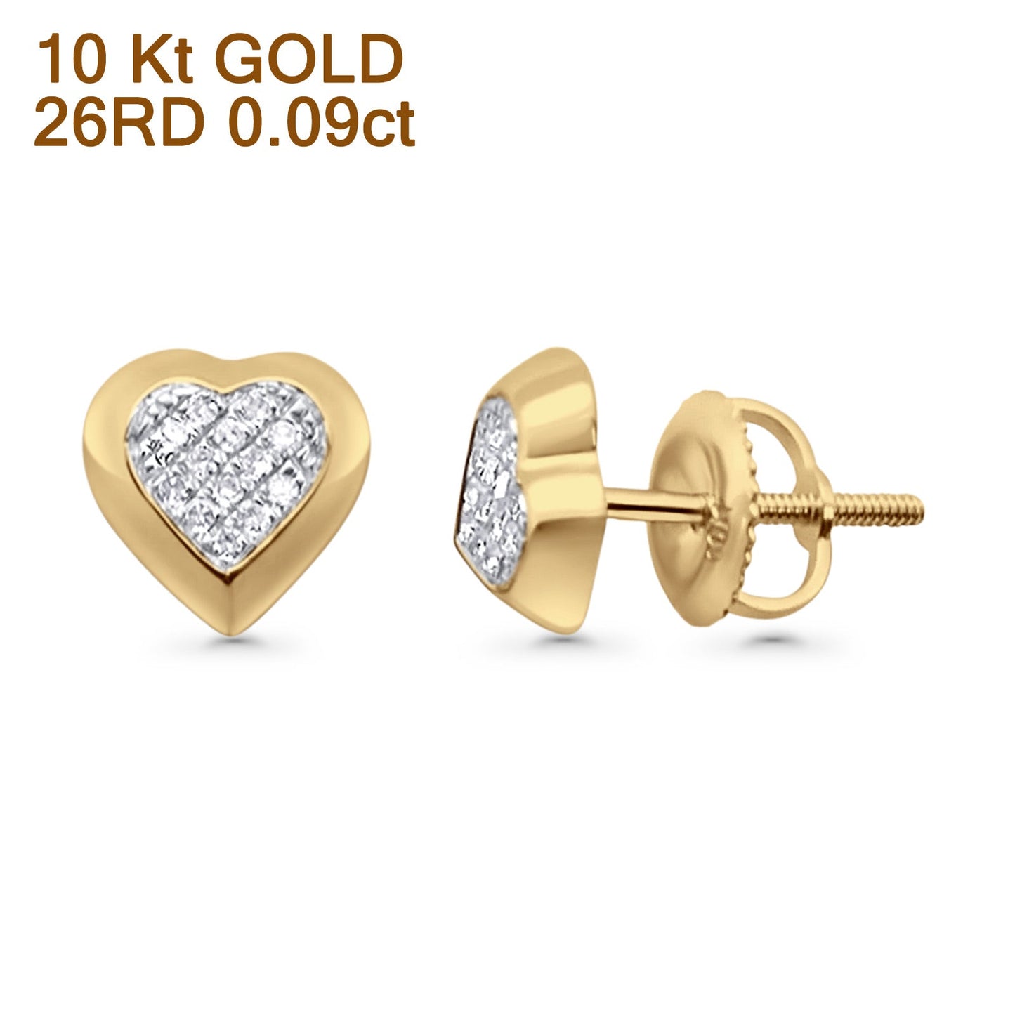 Solid 10K Yellow Gold 7.8mm Heart Shaped Round Diamond Stud Earrings Wholesale