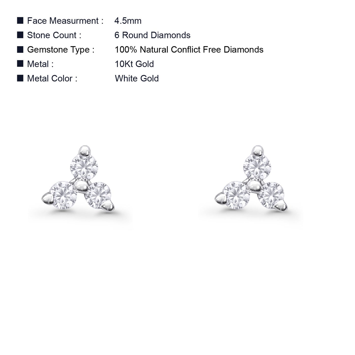 Solid 10K White Gold 4.5mm Trio Round Diamond Stud Earrings Wholesale