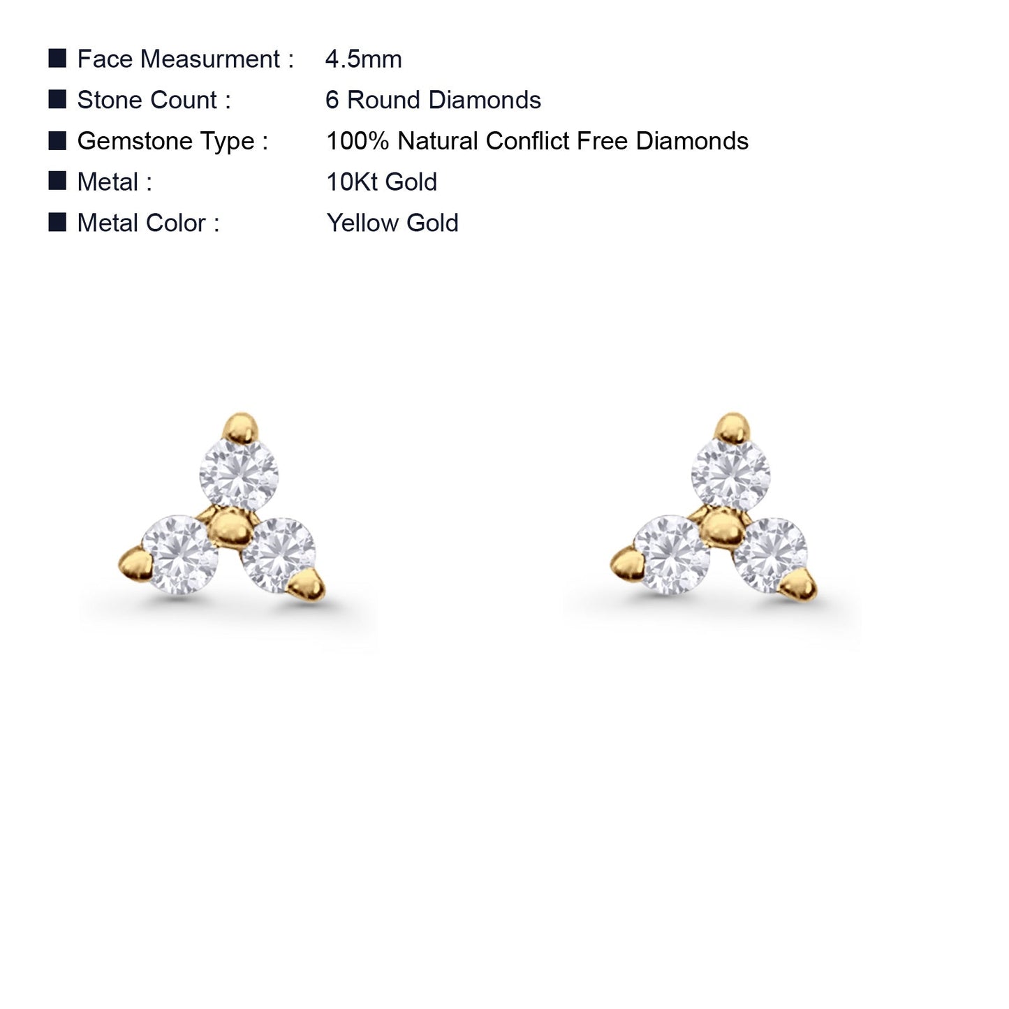 Solid 10K Yellow Gold 4.5mm Trio Round Diamond Stud Earrings Wholesale