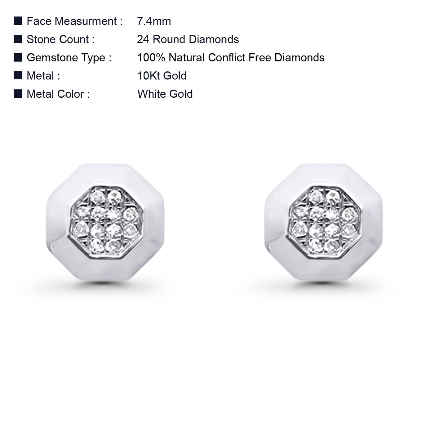 Solid 10K White Gold 7.4mm Octagon Shaped Round Diamond Stud Earrings Wholesale