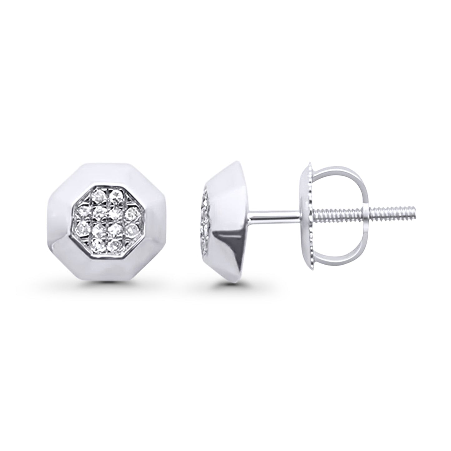 Solid 10K White Gold 7.4mm Octagon Shaped Round Diamond Stud Earrings Wholesale