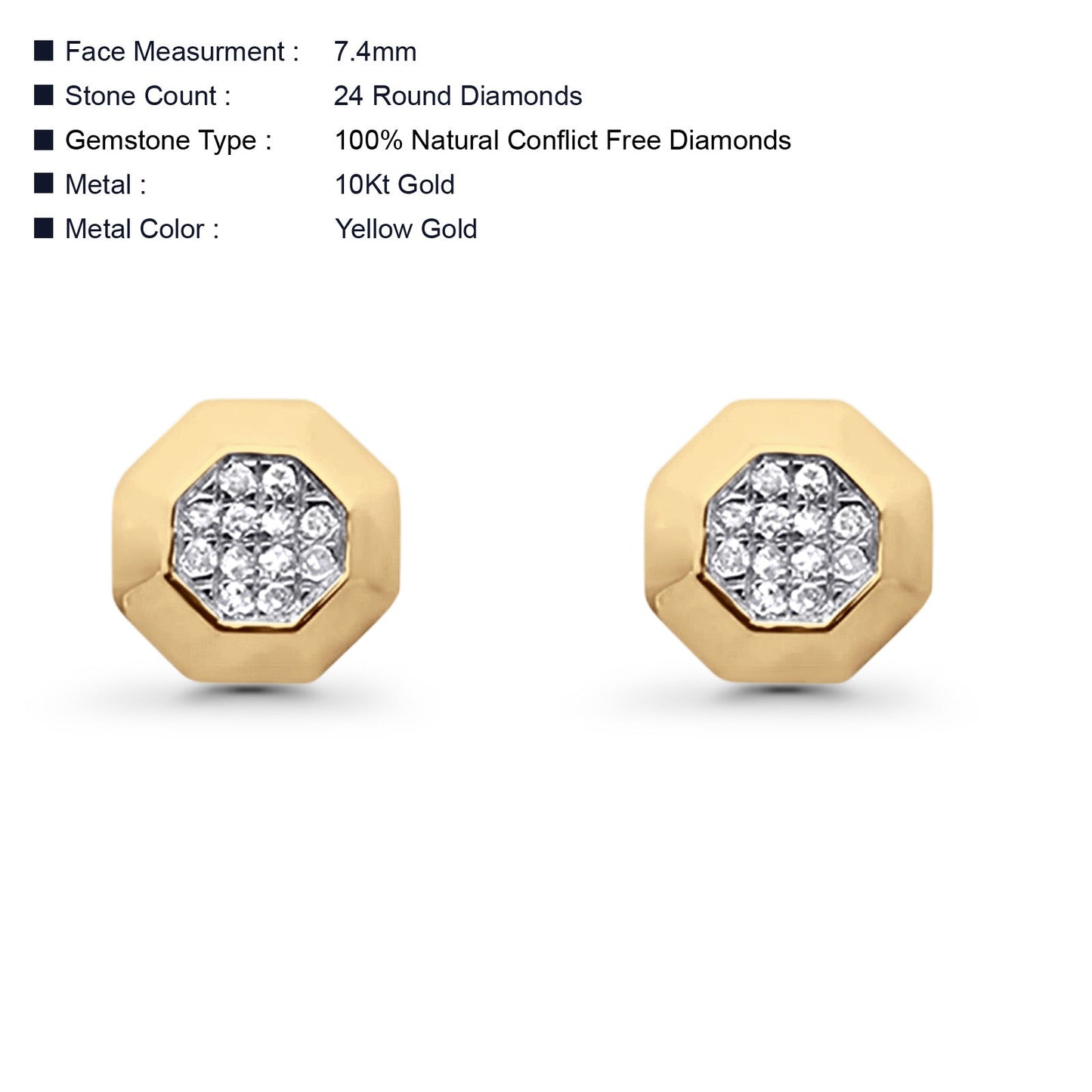 Solid 10K Yellow Gold 7.4mm Octagon Shaped Round Diamond Stud Earrings Wholesale