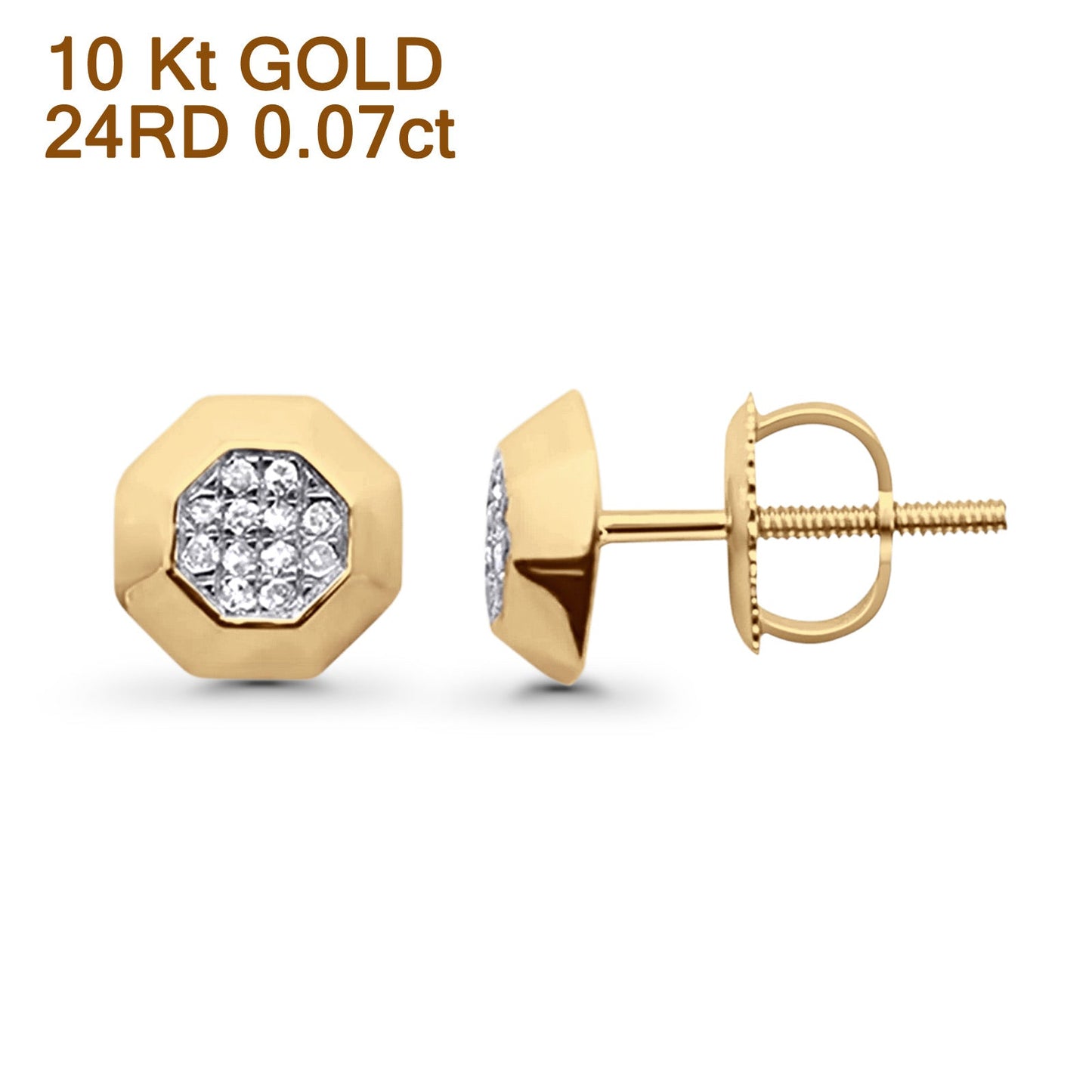 Solid 10K Yellow Gold 7.4mm Octagon Shaped Round Diamond Stud Earrings Wholesale