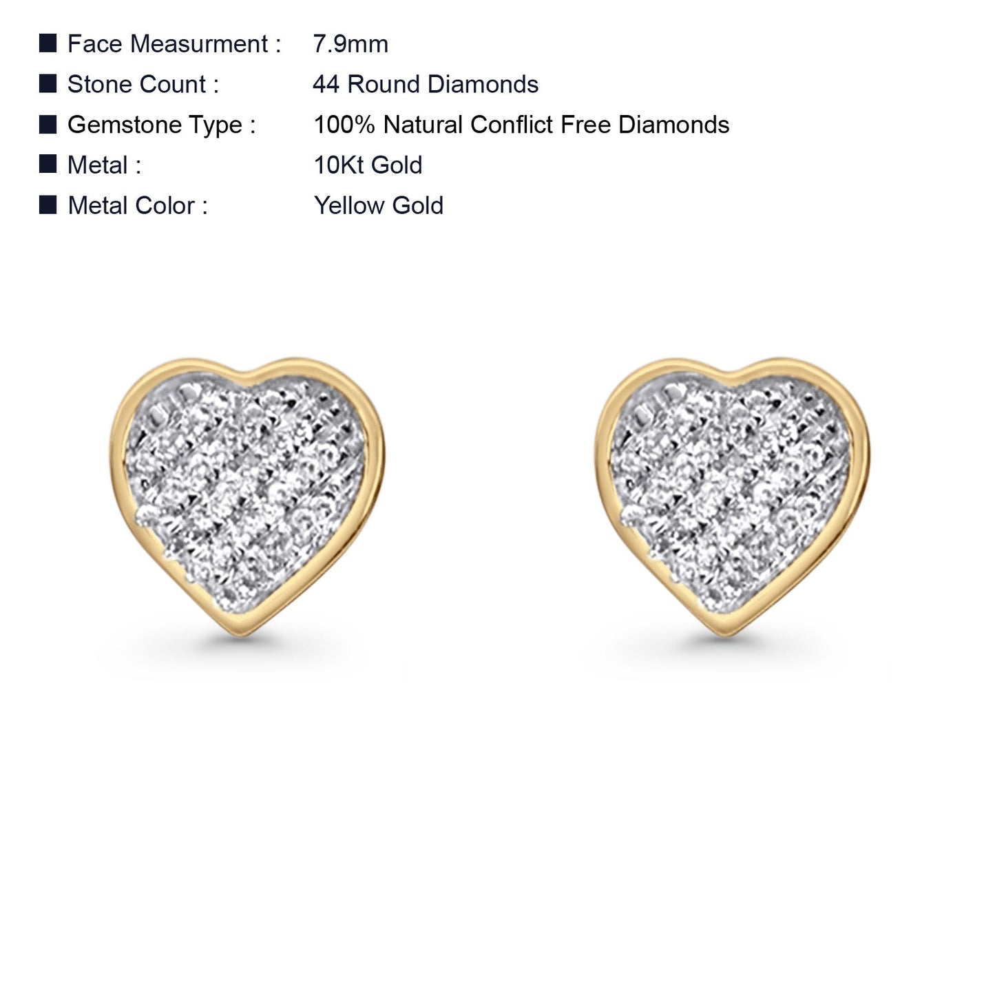 Solid 10K Yellow Gold 7.9mm Heart Shaped Round Diamond Stud Earrings Wholesale