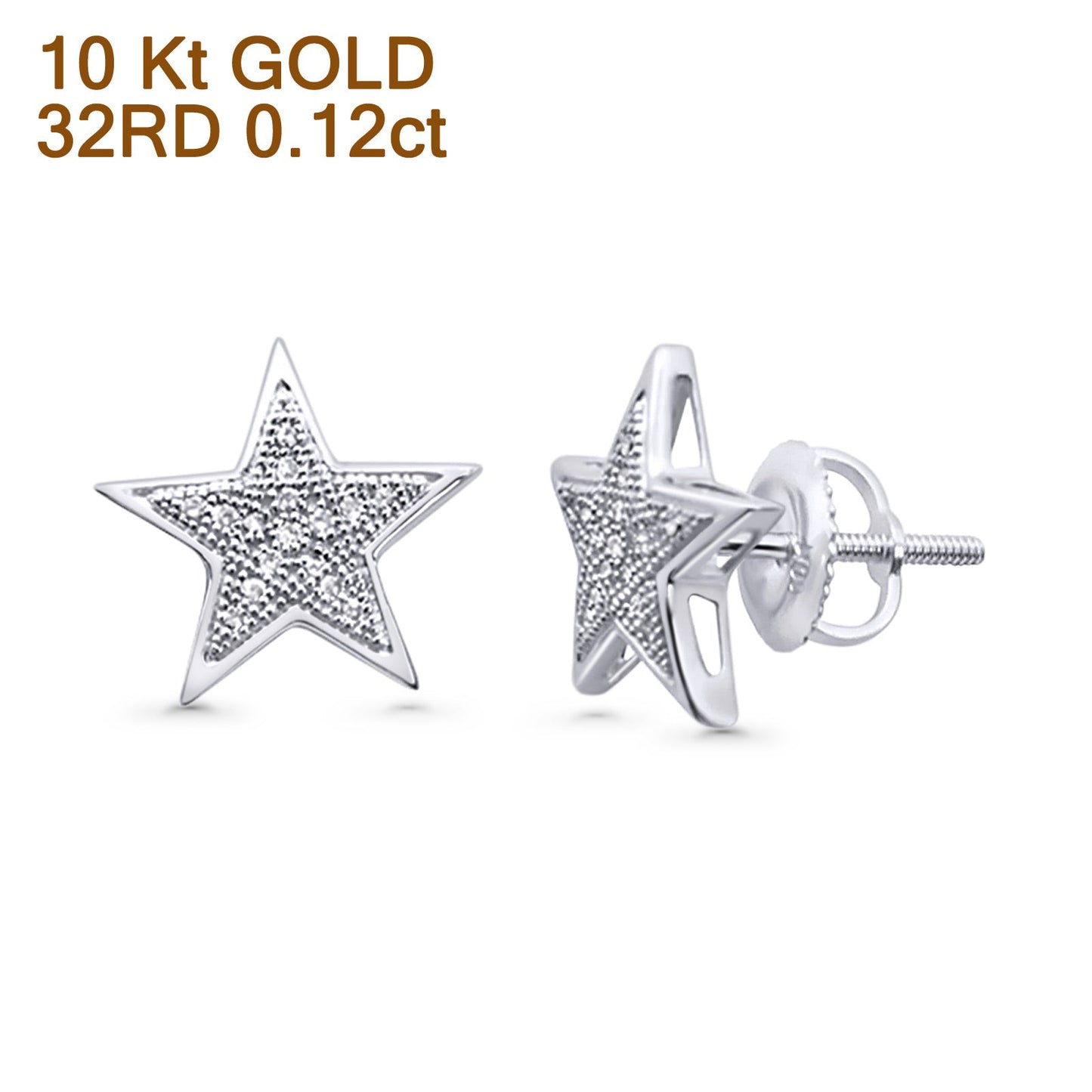 Solid 10K White Gold 12.4mm Star Shaped Round Diamond Stud Earrings Wholesale