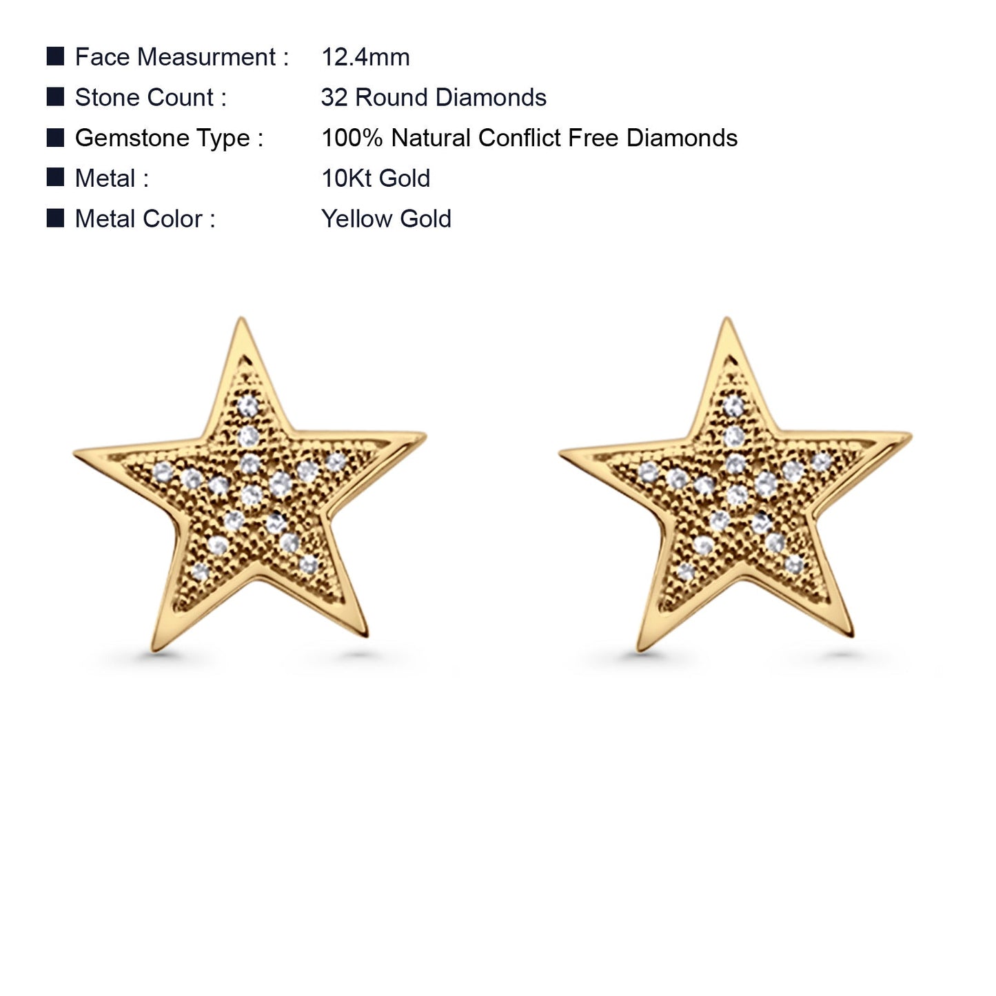 Solid 10K Yellow Gold 12.4mm Star Shaped Round Diamond Stud Earrings Wholesale