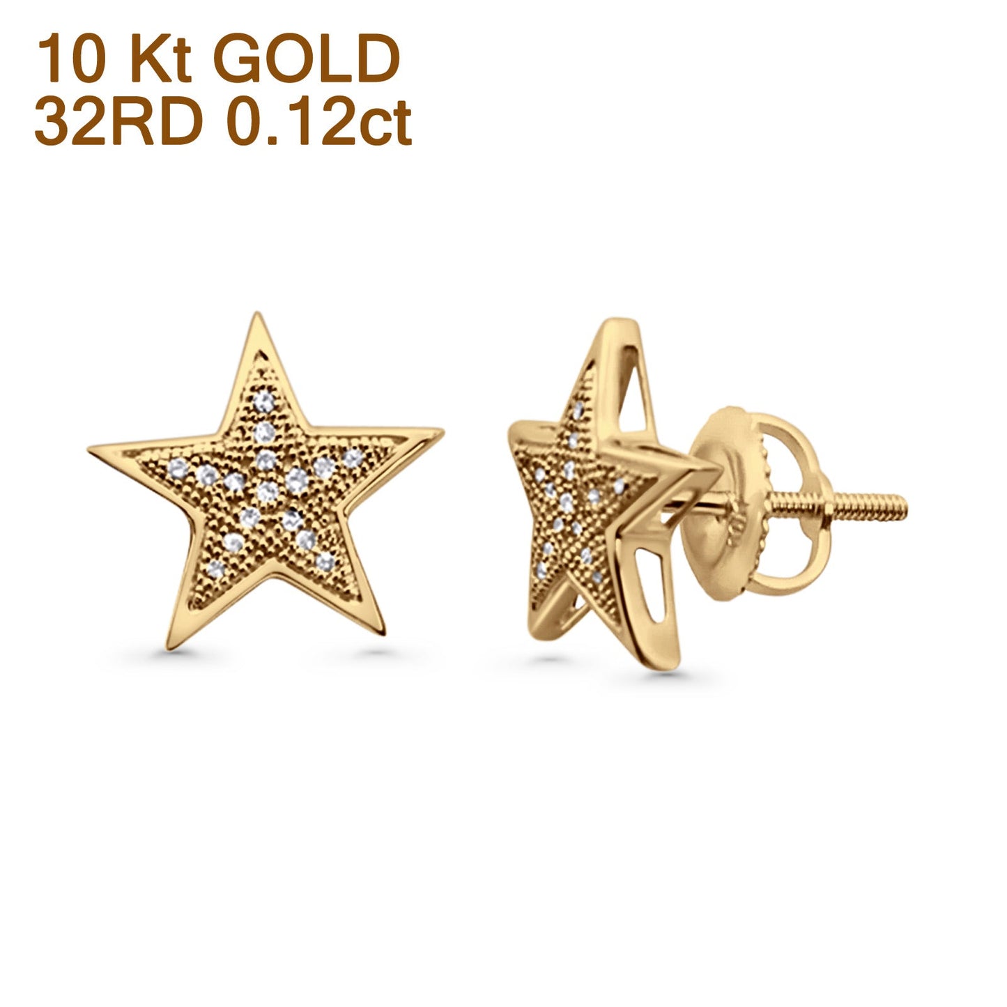 Solid 10K Yellow Gold 12.4mm Star Shaped Round Diamond Stud Earrings Wholesale