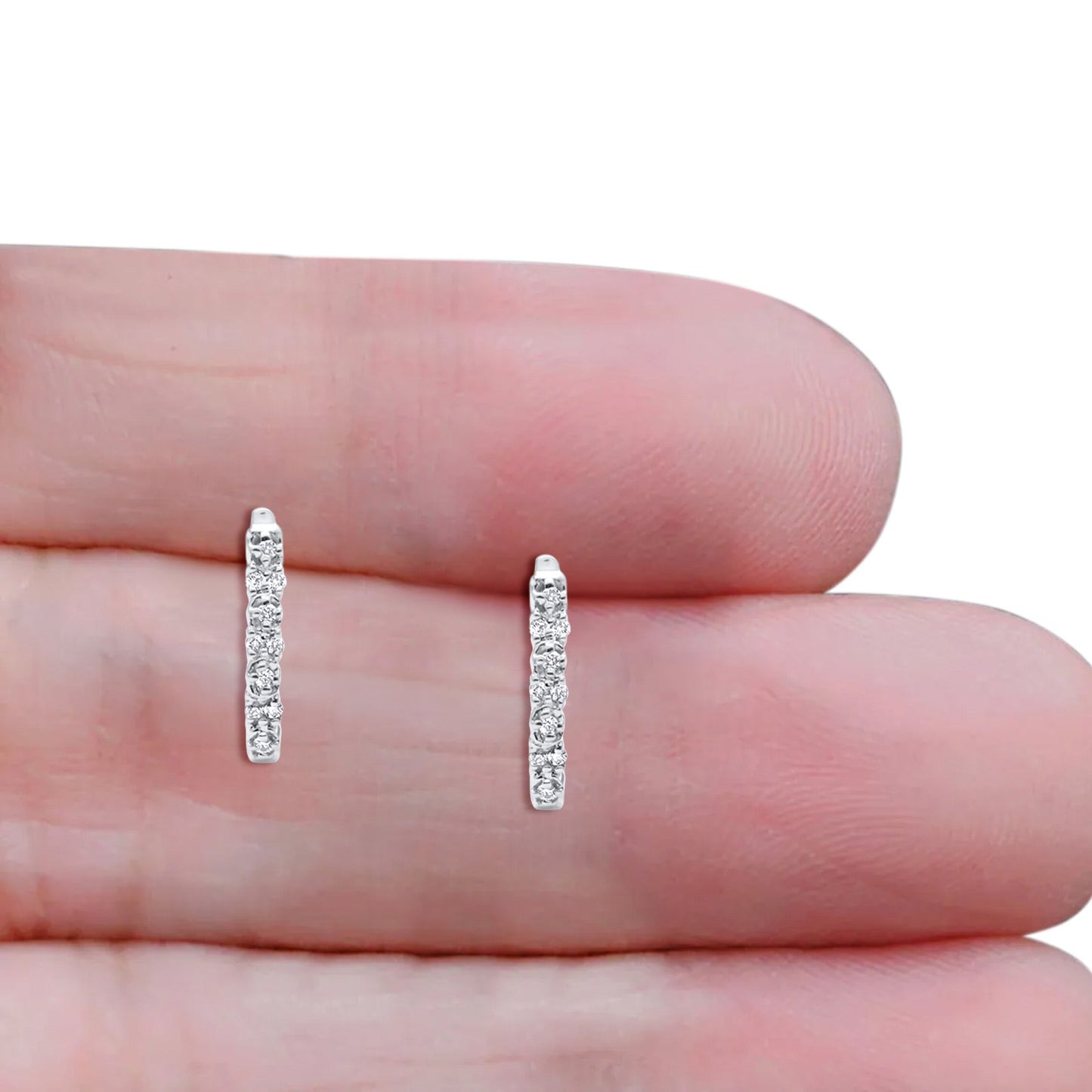 Solid 10K White Gold 15.24mm J Shaped Round Diamond Hoop Earring Wholesale