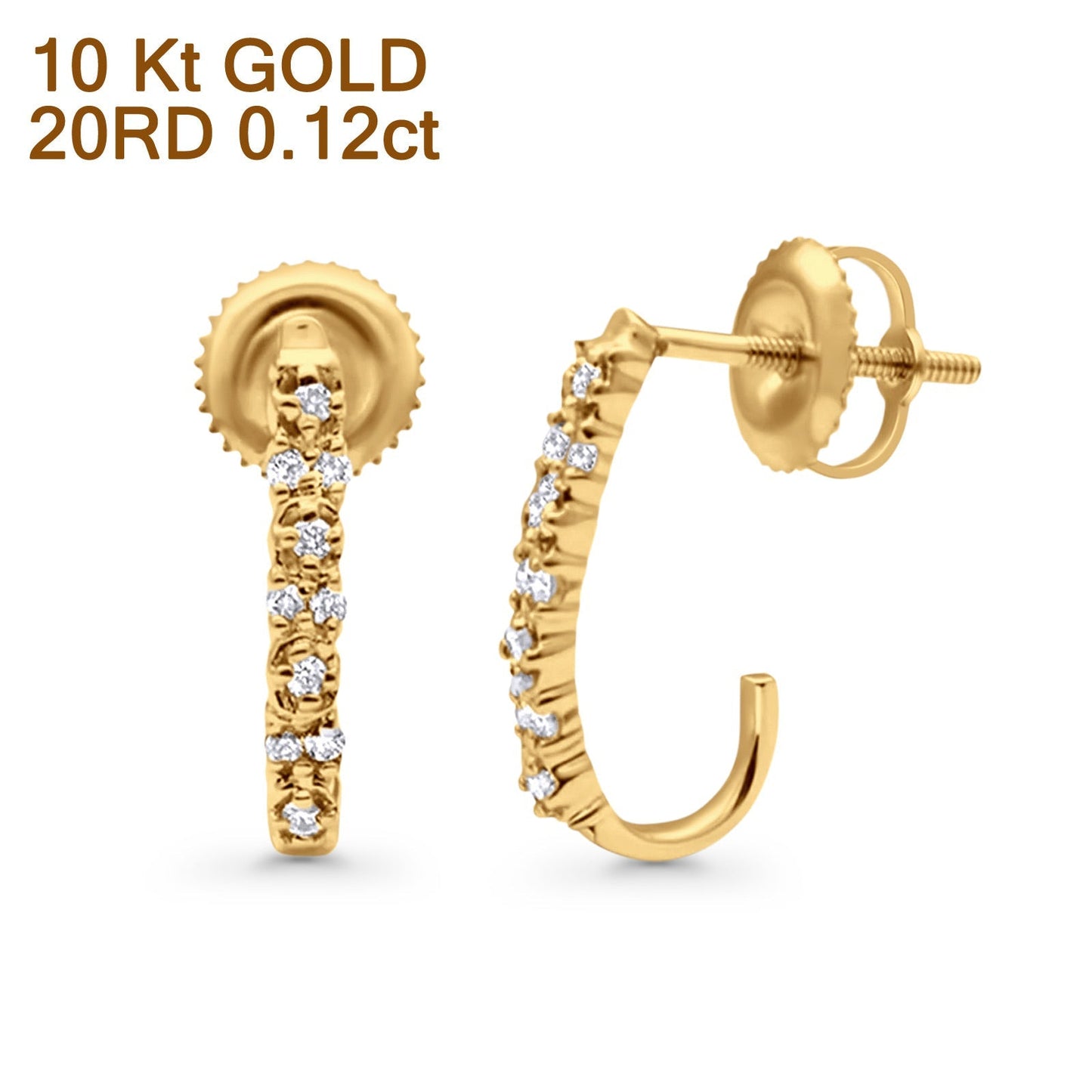 Solid 10K Yellow Gold 15.24mm J Shaped Round Diamond Hoop Earring Wholesale