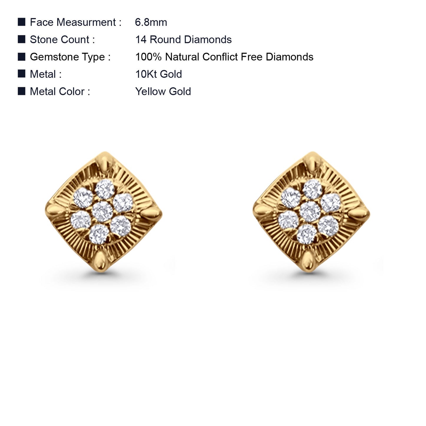 Solid 10K Yellow Gold 6.8mm Square Shaped Round Diamond Stud Earrings Wholesale