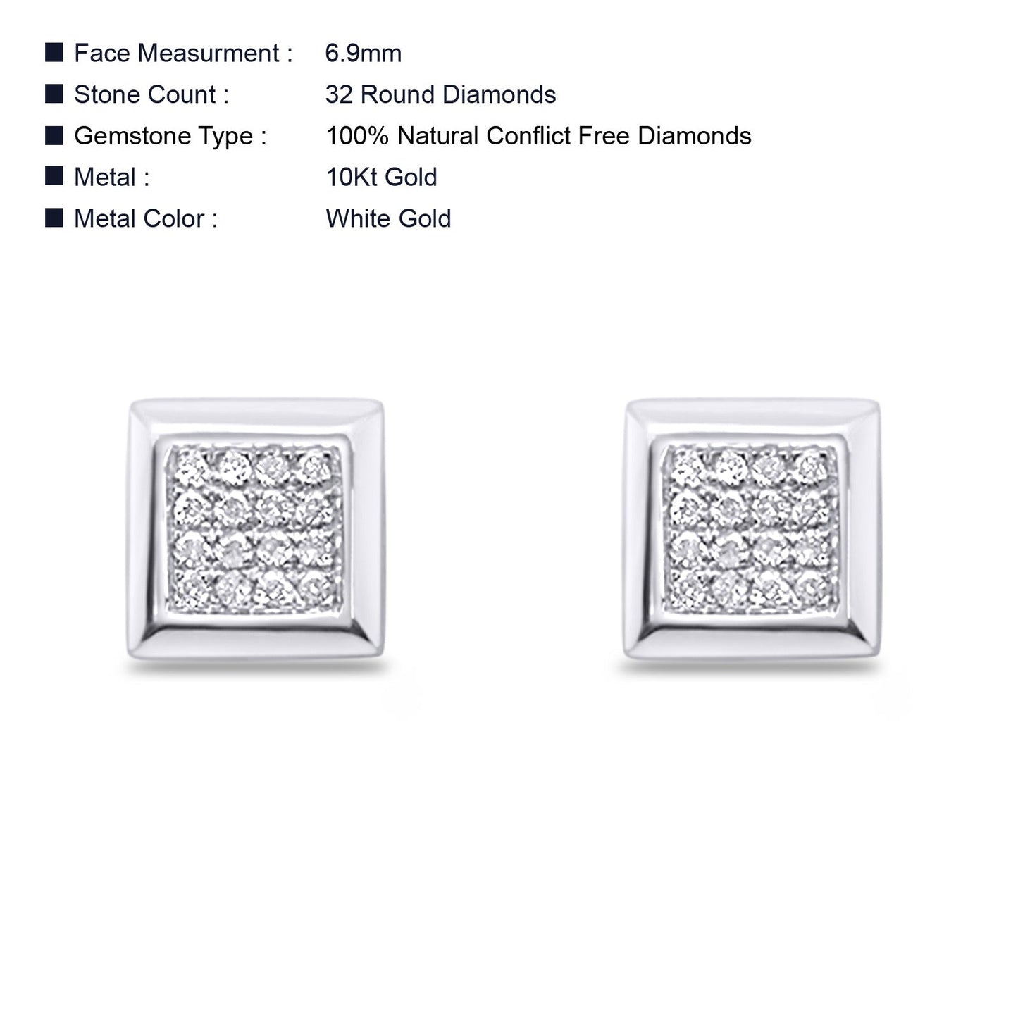 Solid 10K White Gold 6.9mm Square Shaped Round Diamond Stud Earrings Wholesale