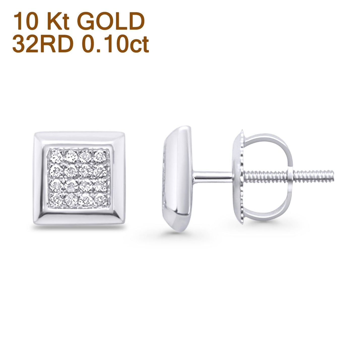 Solid 10K White Gold 6.9mm Square Shaped Round Diamond Stud Earrings Wholesale