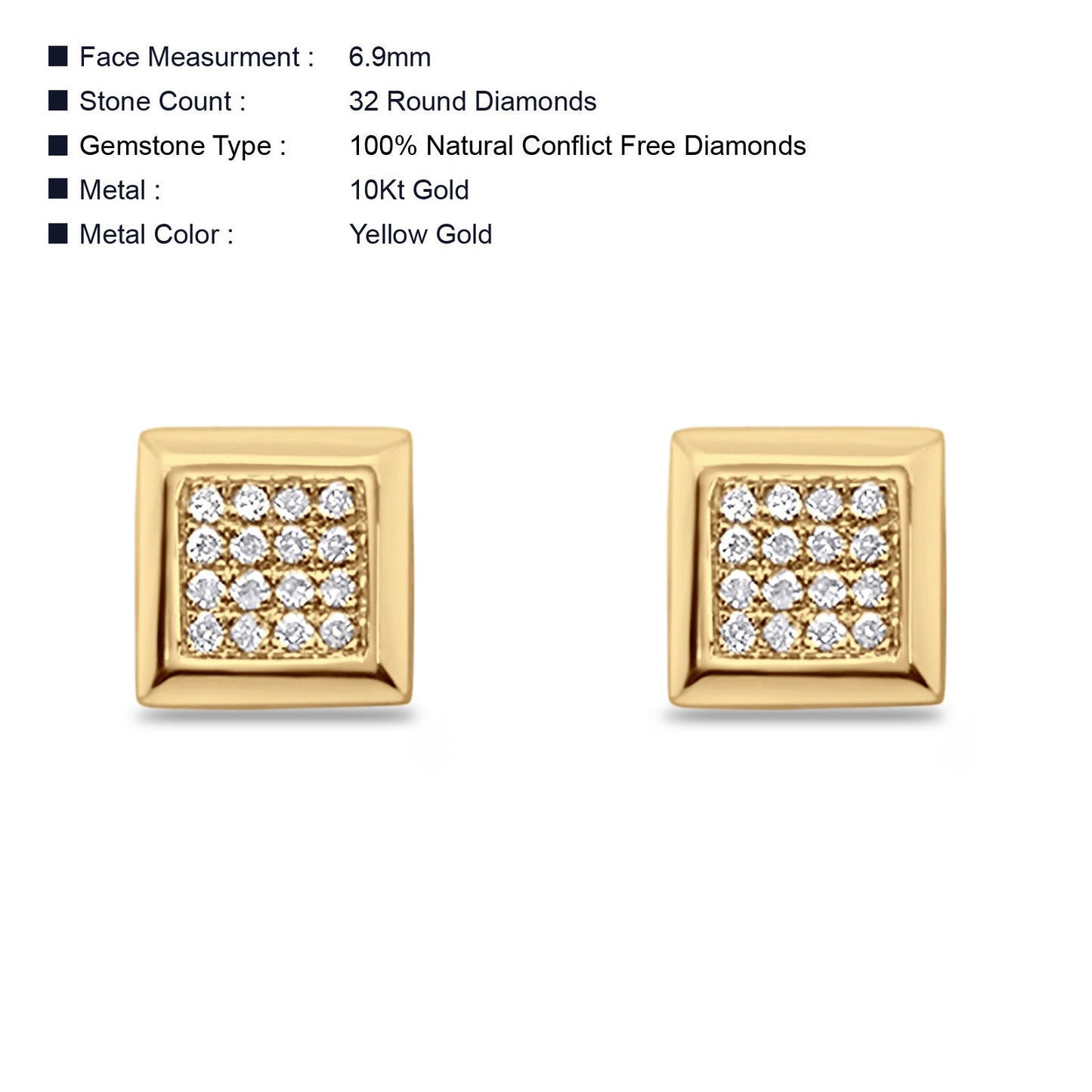 Solid 10K Yellow Gold 6.9mm Square Shaped Round Diamond Stud Earrings Wholesale