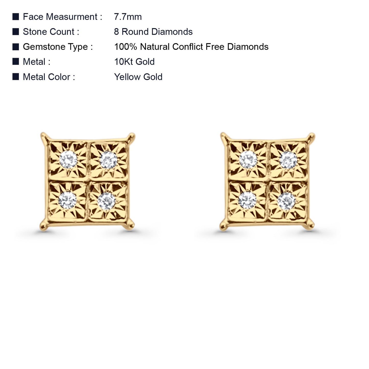 Solid 10K Yellow Gold 7.7mm Square Shaped Round Diamond Stud Earrings Wholesale