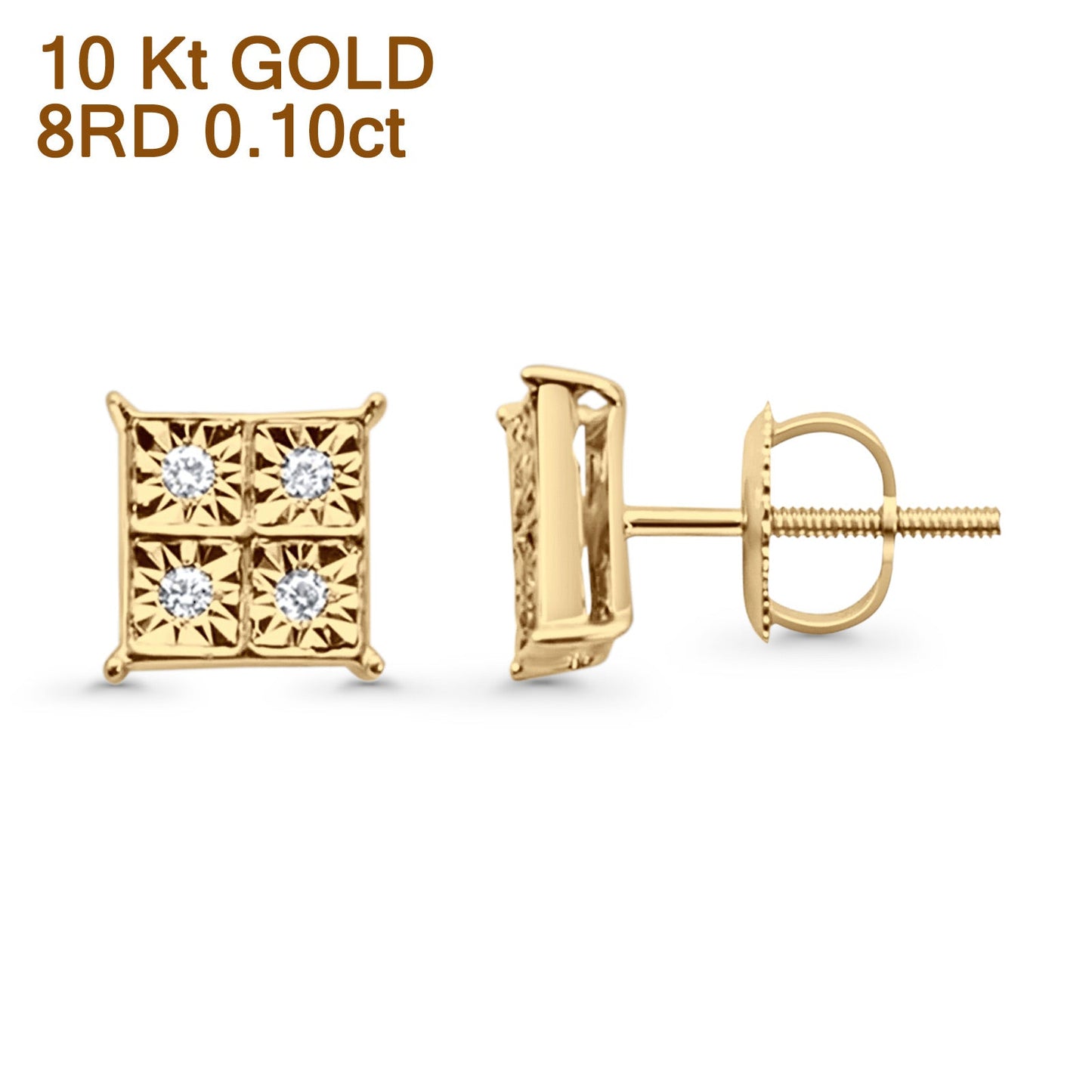 Solid 10K Yellow Gold 7.7mm Square Shaped Round Diamond Stud Earrings Wholesale