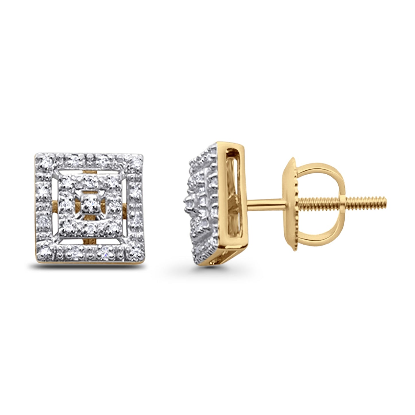 Solid 10K Yellow Gold 8mm Square Shaped Round Diamond Stud Earrings Wholesale