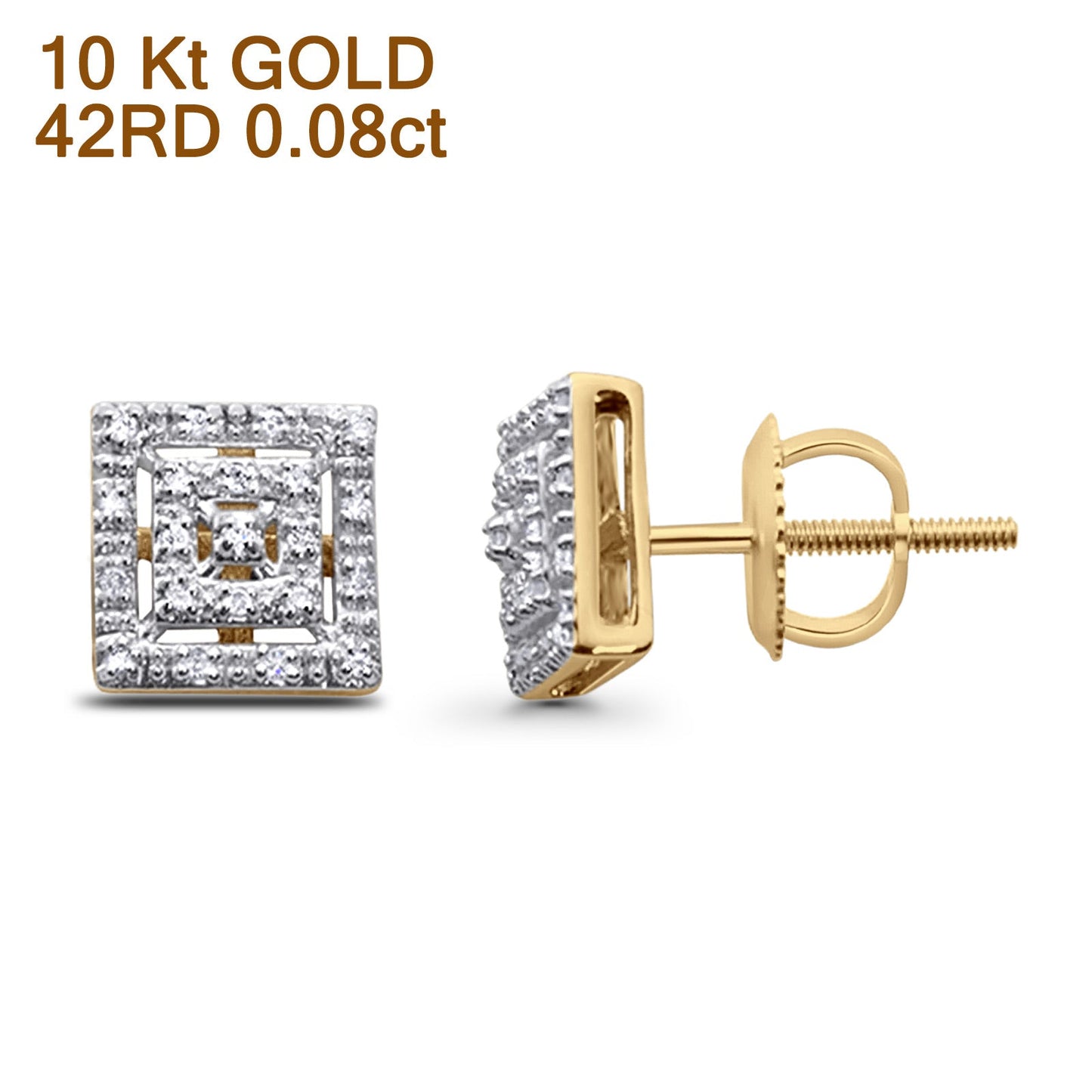 Solid 10K Yellow Gold 8mm Square Shaped Round Diamond Stud Earrings Wholesale