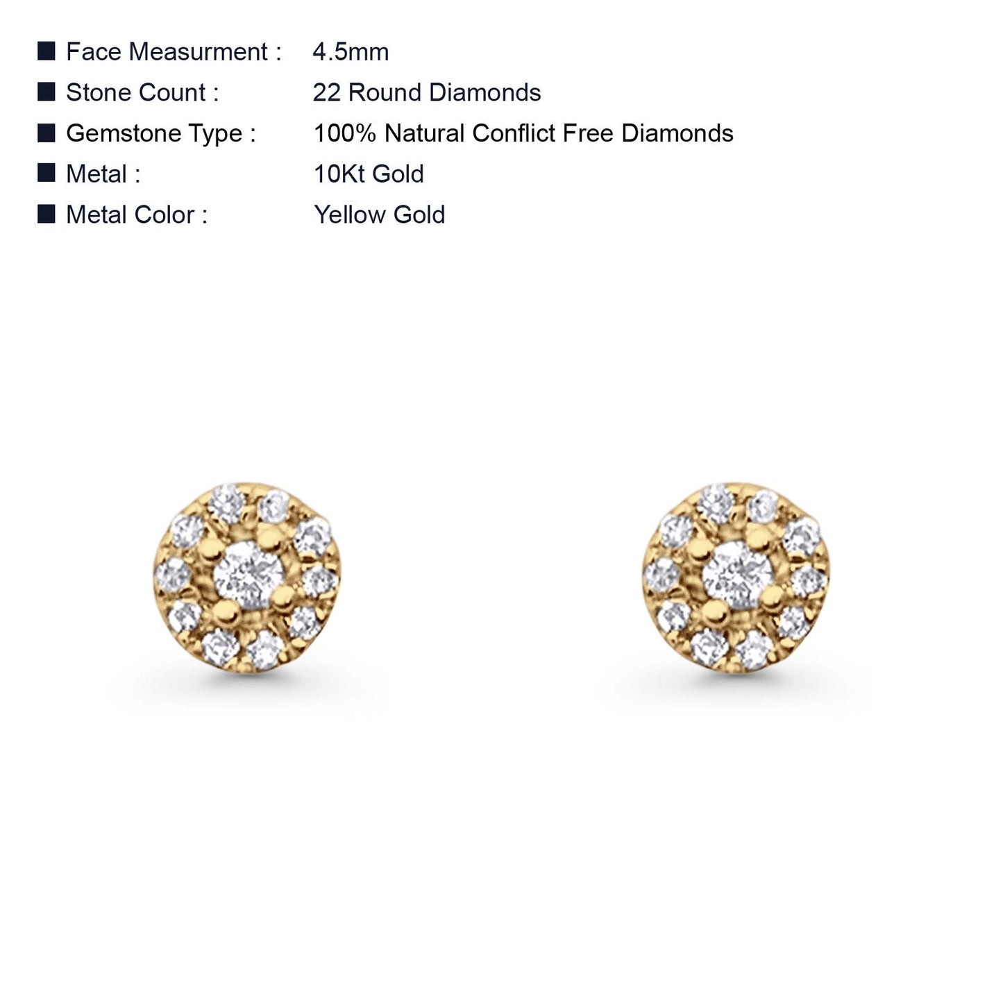 Solid 10K Yellow Gold 4.5mm Round Diamond Stud Earrings Wholesale