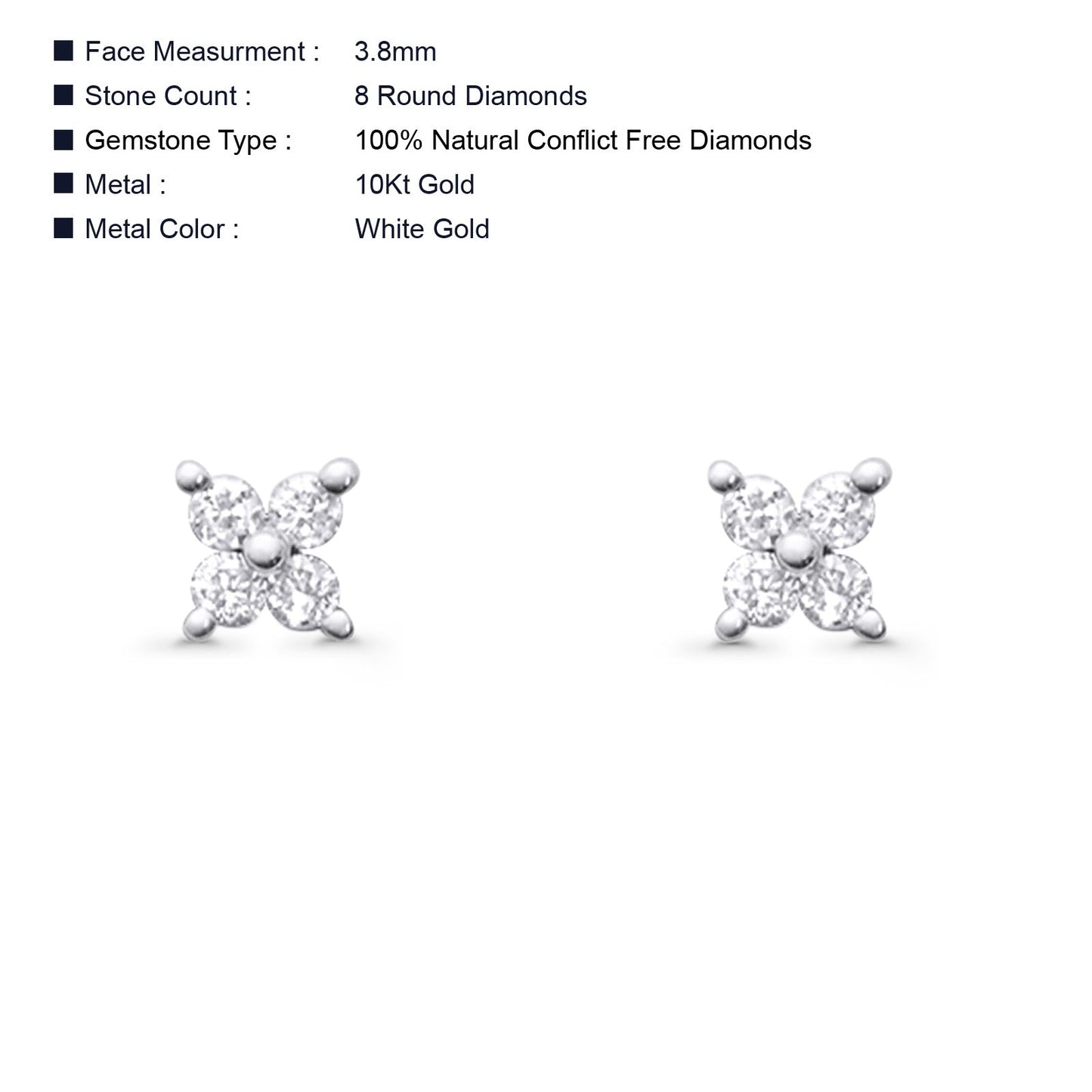 Solid 10K White Gold 3.8mm Butterfly Shaped Round Diamond Stud Earrings Wholesale