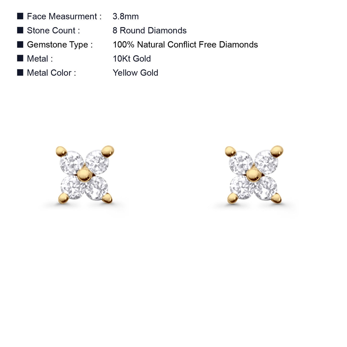 Solid 10K Yellow Gold 3.8mm Butterfly Shaped Round Diamond Stud Earrings Wholesale