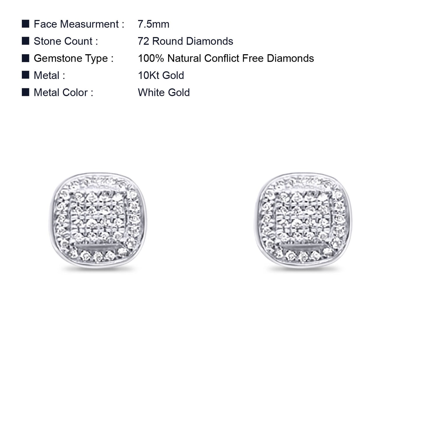 Solid 10K White Gold 7.5mm Cushion Shaped Round Diamond Stud Earrings Wholesale