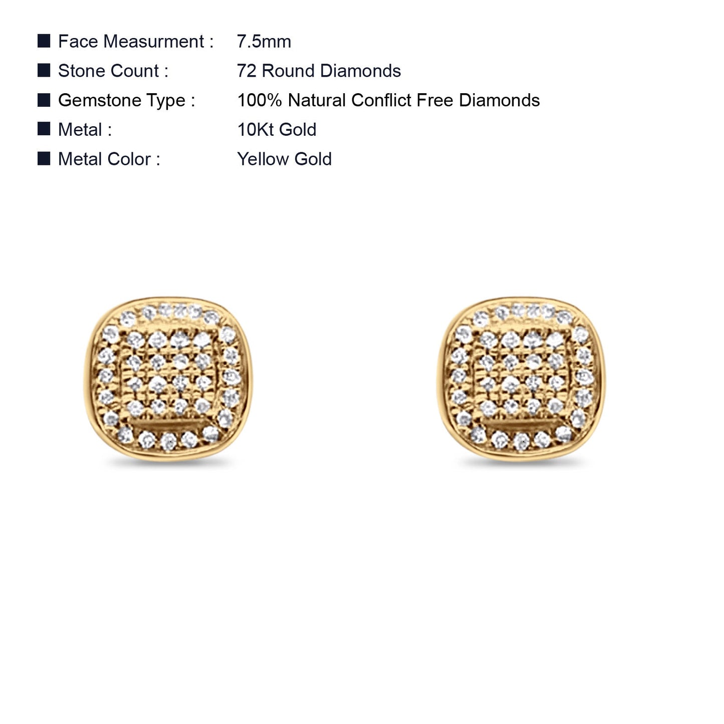 Solid 10K Yellow Gold 7.5mm Cushion Shaped Round Diamond Stud Earrings Wholesale