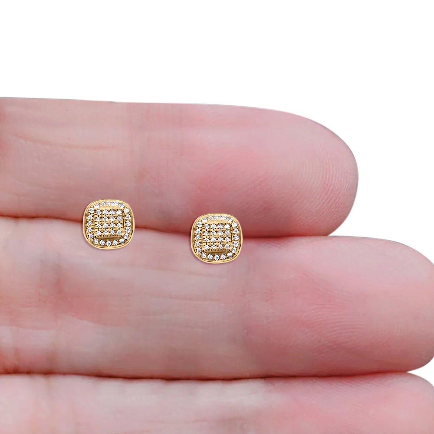 Solid 10K Yellow Gold 7.5mm Cushion Shaped Round Diamond Stud Earrings Wholesale