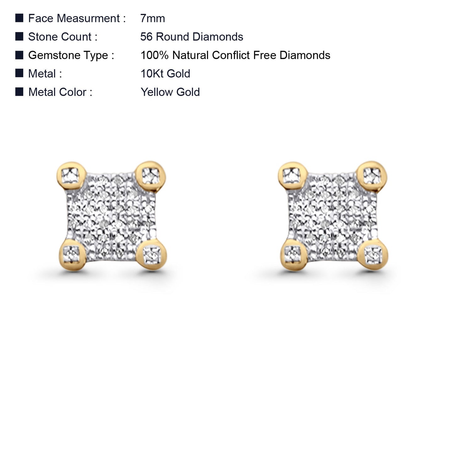 Solid 10K Yellow Gold 7mm Square Shaped Round Diamond Stud Earrings Wholesale