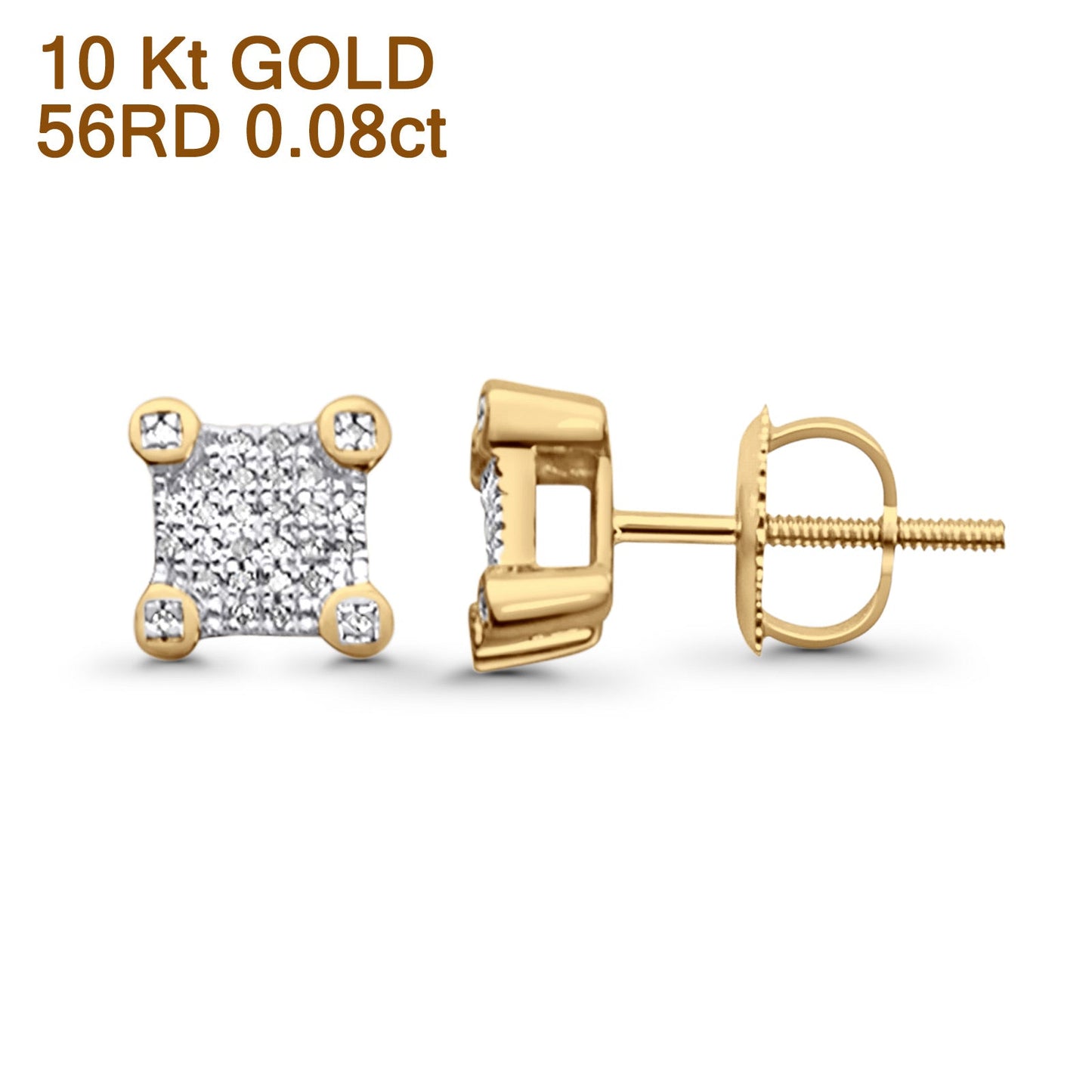 Solid 10K Yellow Gold 7mm Square Shaped Round Diamond Stud Earrings Wholesale