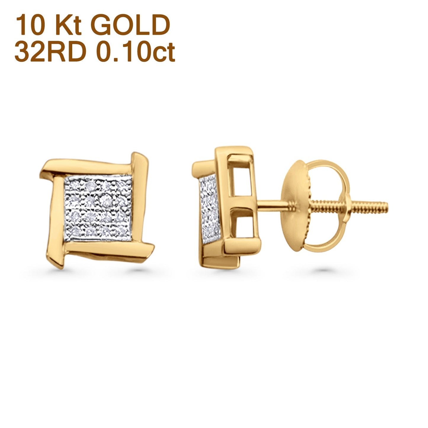 Solid 10K Yellow Gold 7.6mm Square Shaped Round Diamond Stud Earrings Wholesale