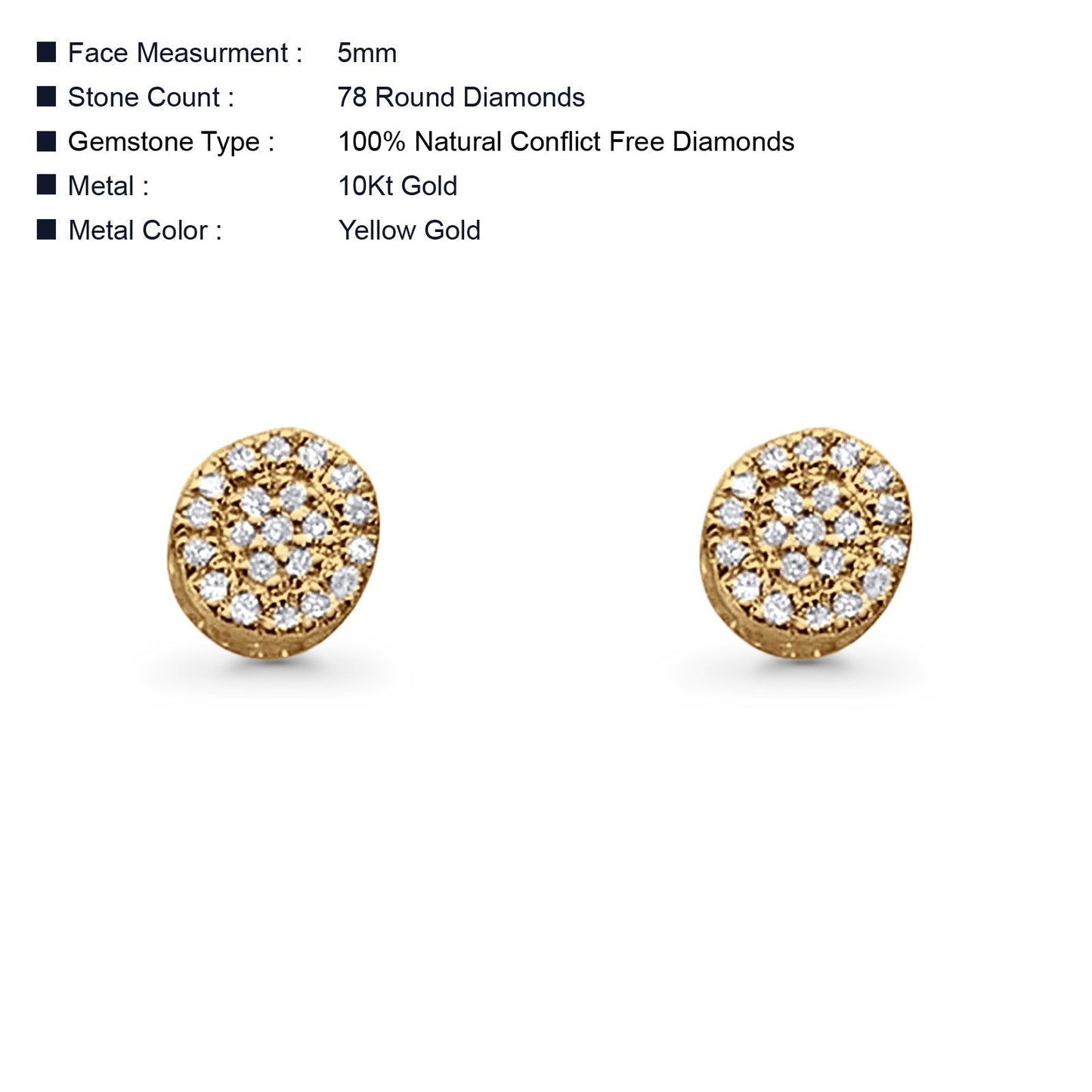 Solid 10K Yellow Gold 5mm Round Shaped Diamond Stud Earrings Wholesale