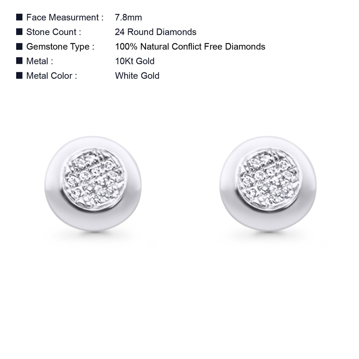 Solid 10K White Gold 7.8mm Round Shaped Diamond Stud Earrings Wholesale