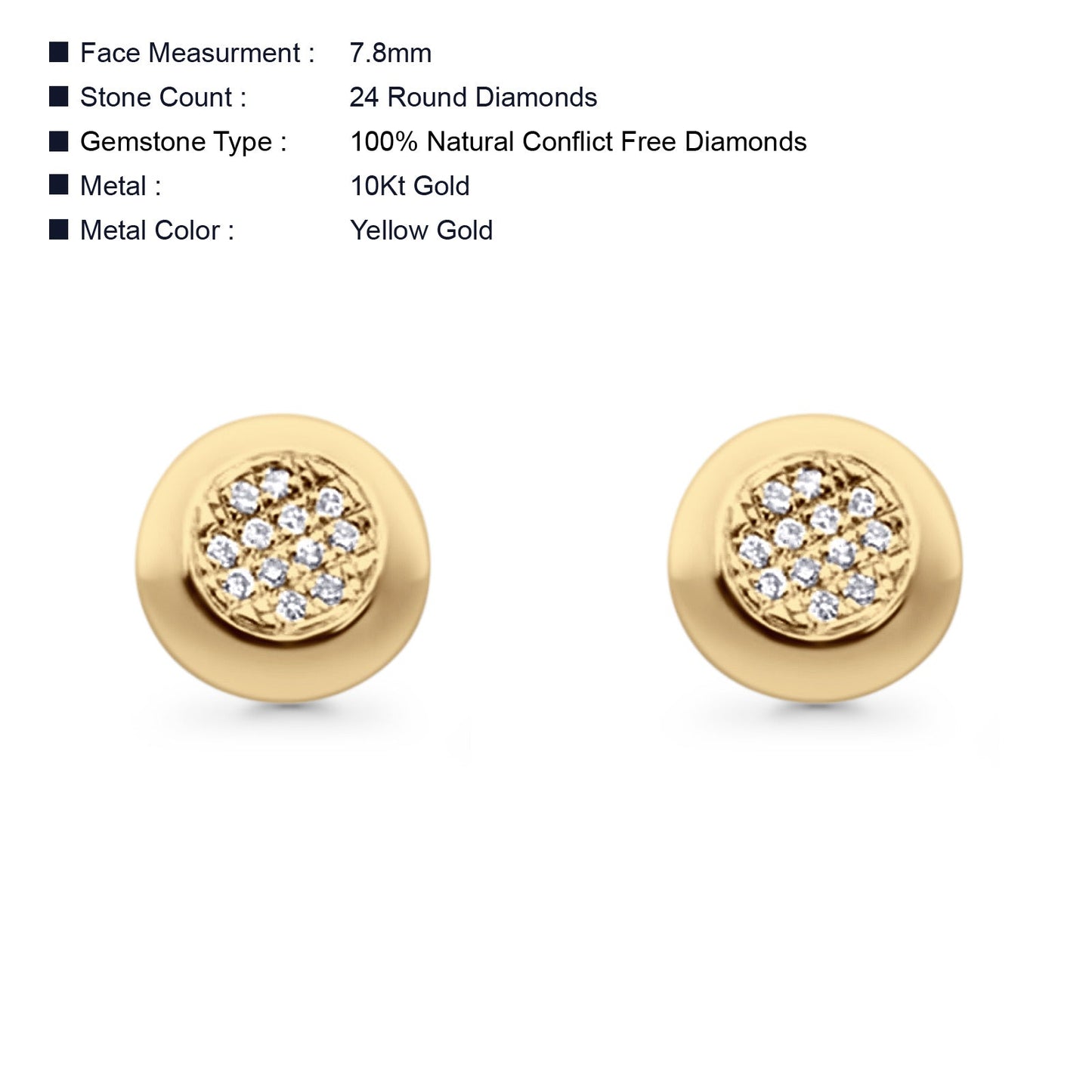 Solid 10K Yellow Gold 7.8mm Round Shaped Diamond Stud Earrings Wholesale