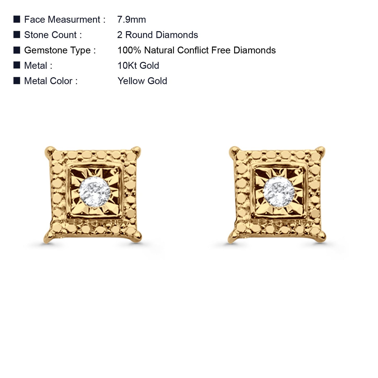 Solid 10K Yellow Gold 7.9mm Square Shaped Round Diamond Stud Earrings Wholesale