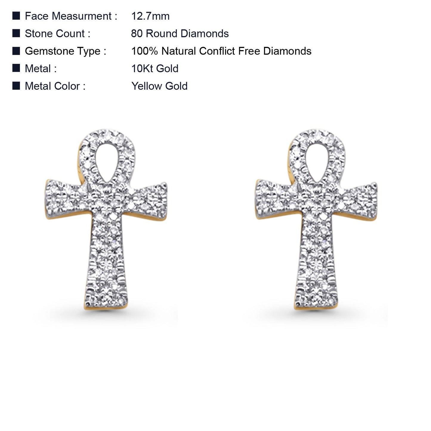 Solid 10K Yellow Gold 12.7mm Cross Shaped Ankh Diamond Stud Earrings Wholesale