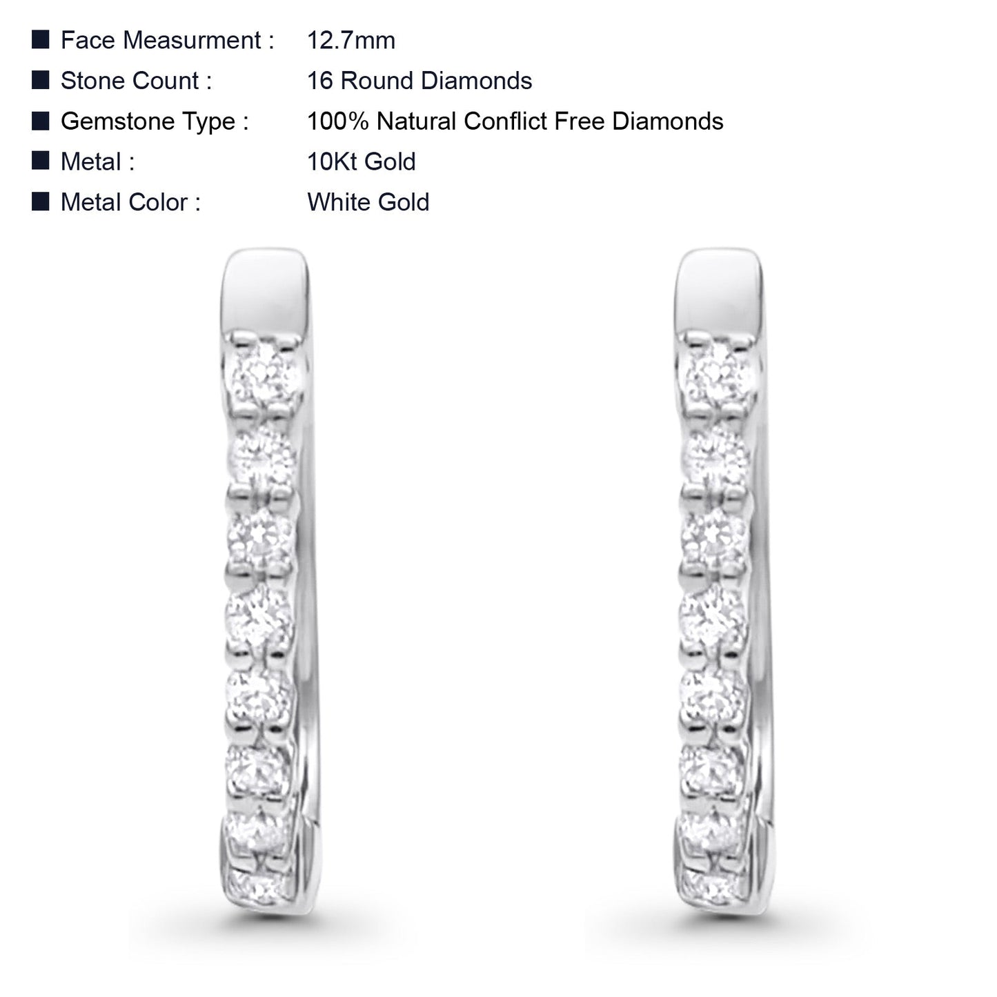 Solid 10K White Gold 12.7mm Round Diamond Hoop Huggie Earrings Wholesale