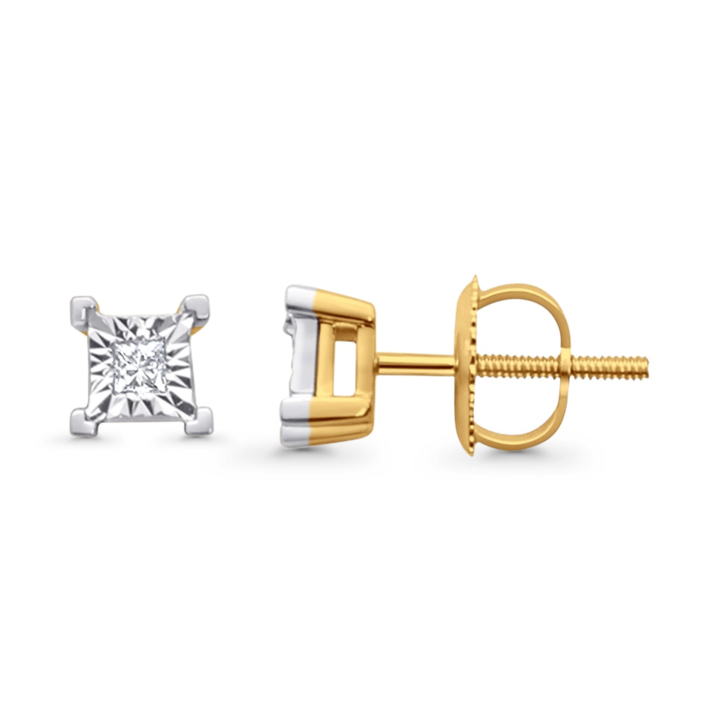 Solid 10K Yellow Gold 6.4mm Square Shaped Round Diamond Stud Earrings Wholesale