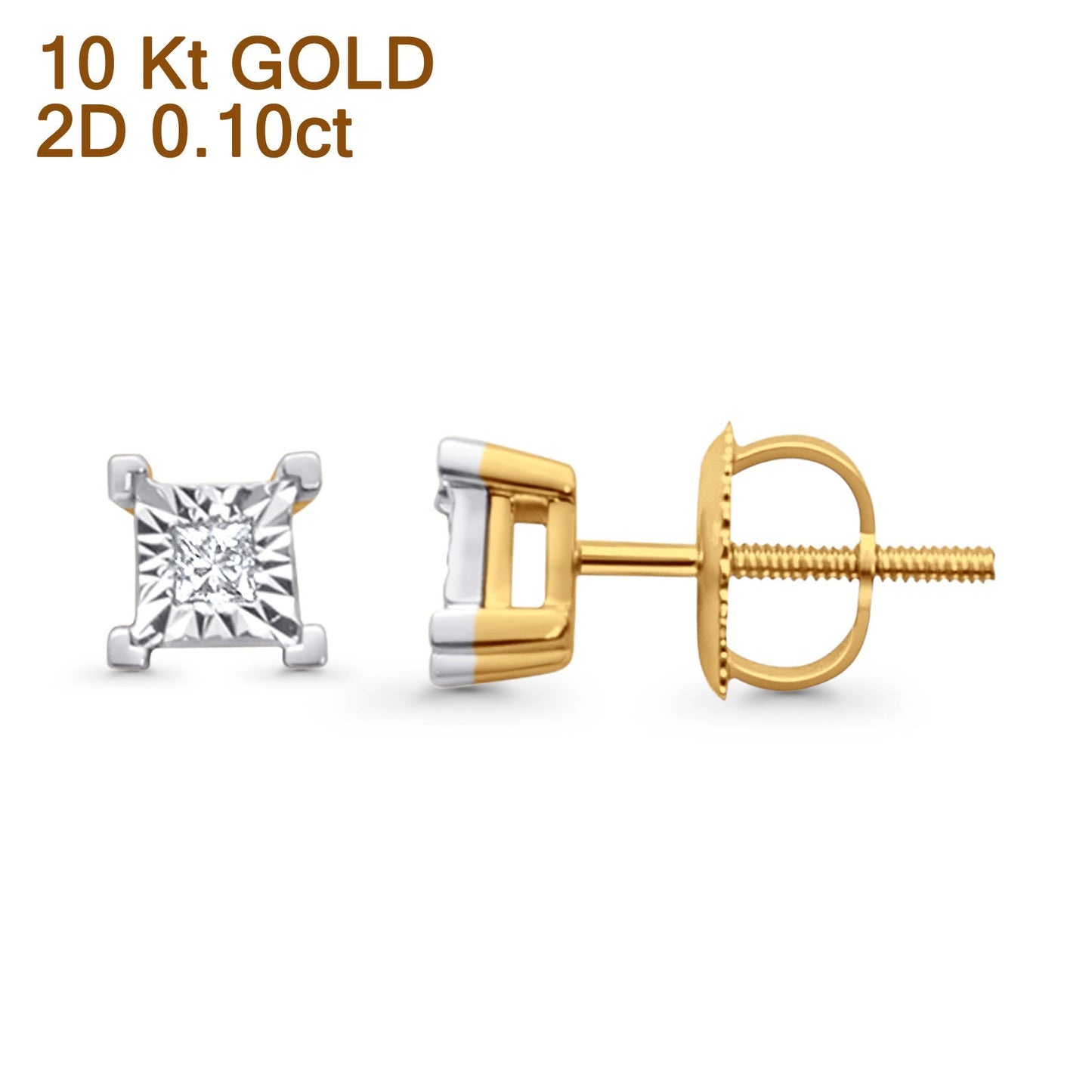 Solid 10K Yellow Gold 6.4mm Square Shaped Round Diamond Stud Earrings Wholesale