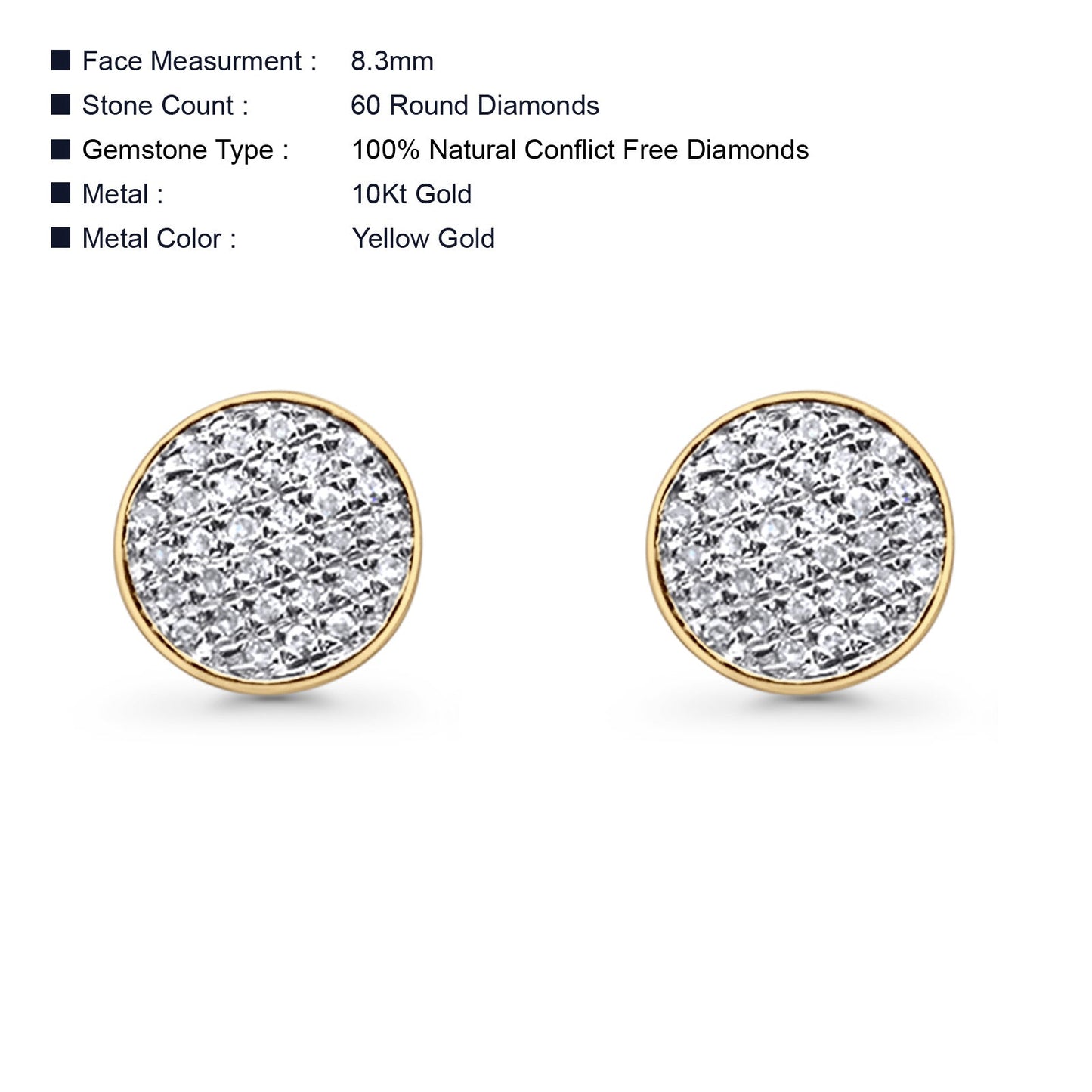 Solid 10K Yellow Gold 8.3mm Round Micro Pave Diamond Stud Earring Wholesale