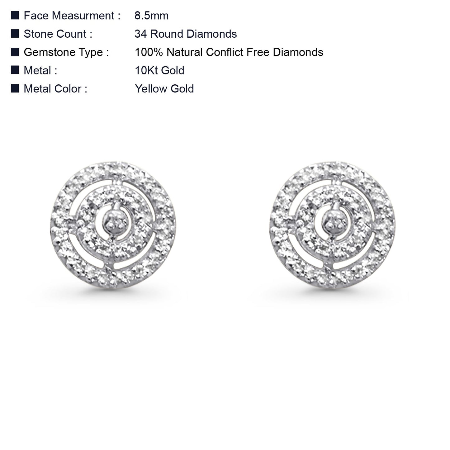 Solid 10K Yellow Gold 8.5mm Cluster Pave Round Diamond Stud Earring Wholesale