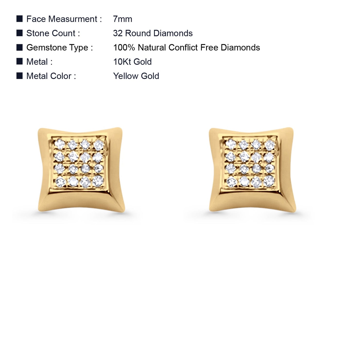 Diamond Stud Earrings 7mm Square Shaped 10K Yellow Gold Wholesale