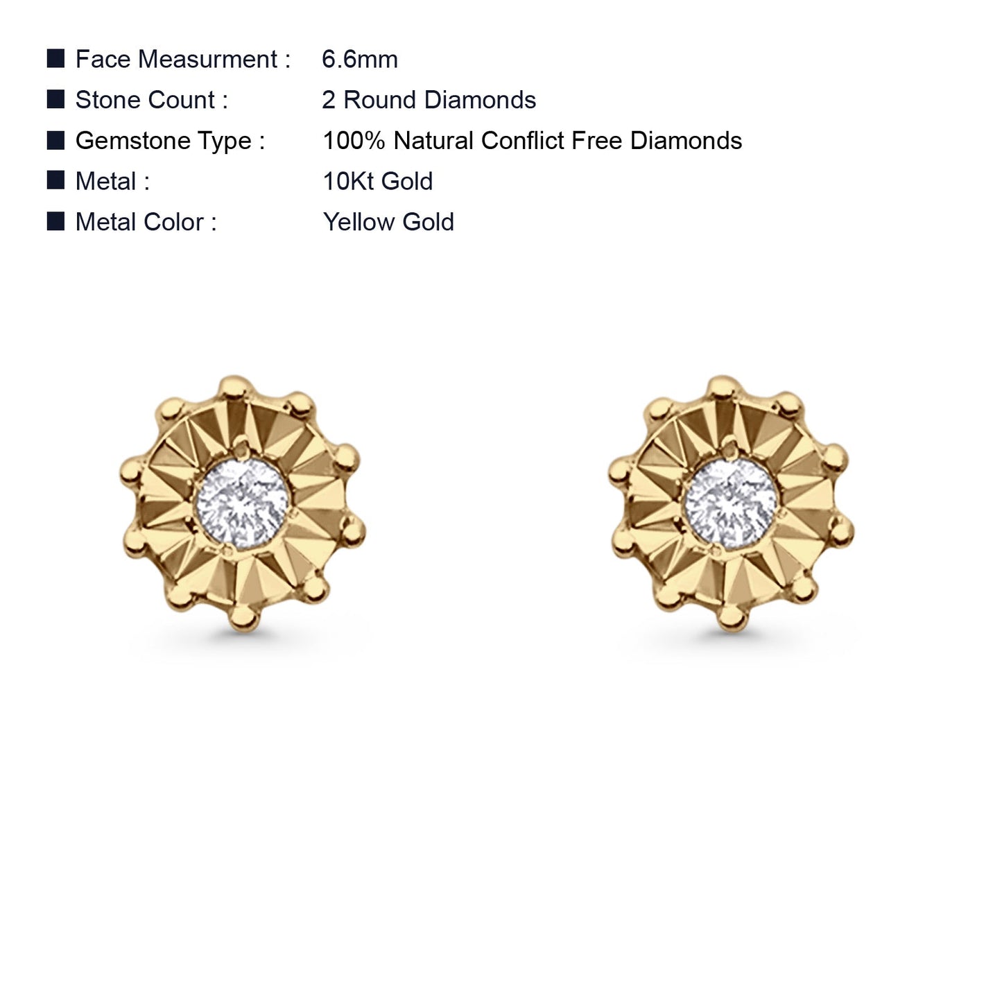 Diamond Round Stud Earrings 6.6mm 10K Yellow Gold Wholesale