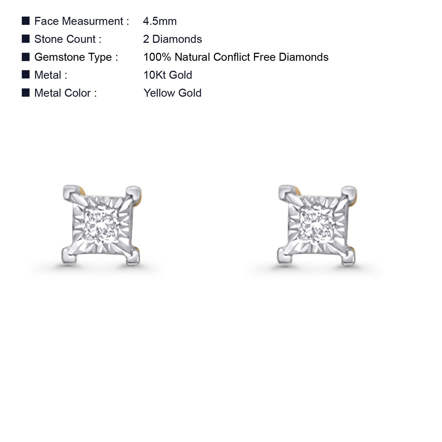 Diamond Stud Earrings 4.5mm Square 10K Yellow Gold Wholesale