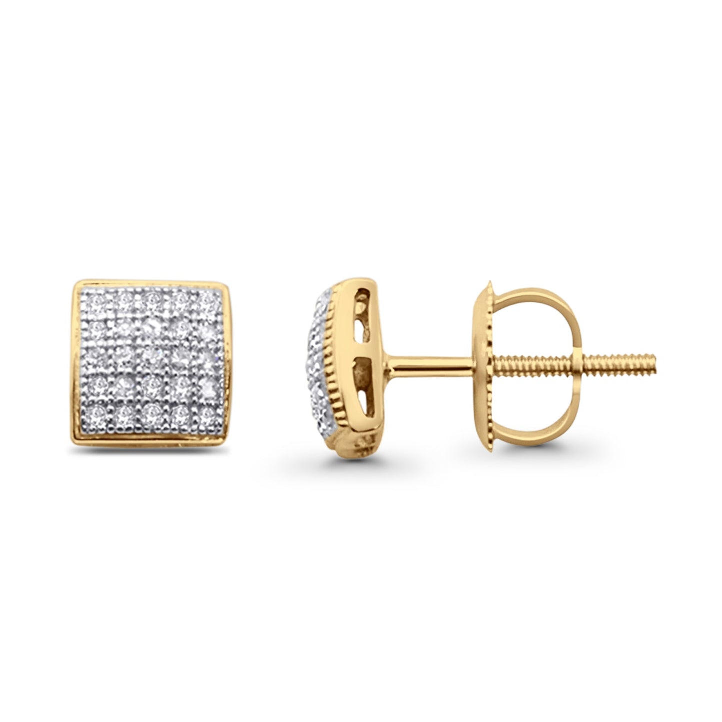 Solid 10K Yellow Gold 6.7mm Square Shaped Round Diamond Stud Earring Wholesale