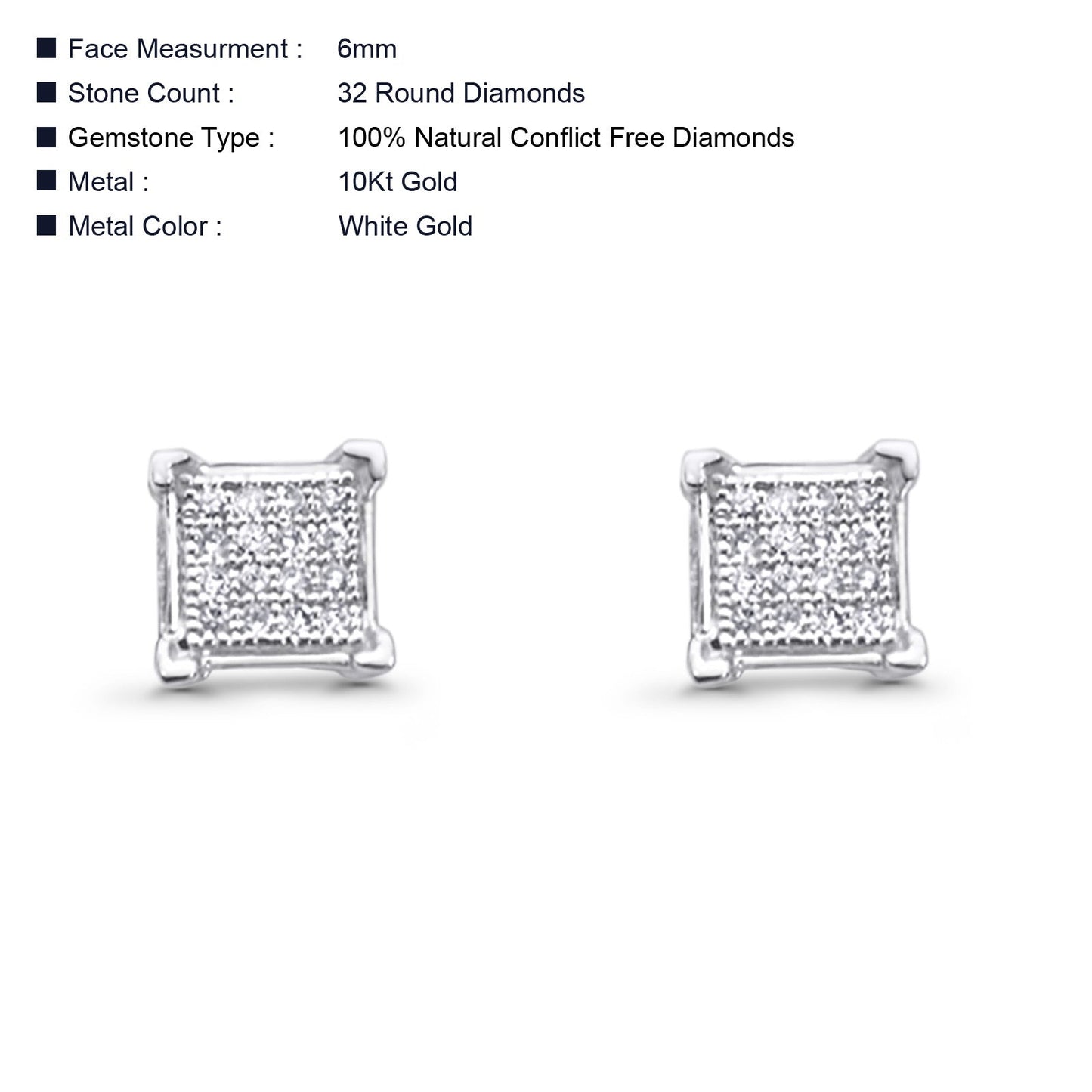 Solid 10K White Gold 6mm Square Shaped Cluster Round Pave Diamond Stud Earrings Wholesale