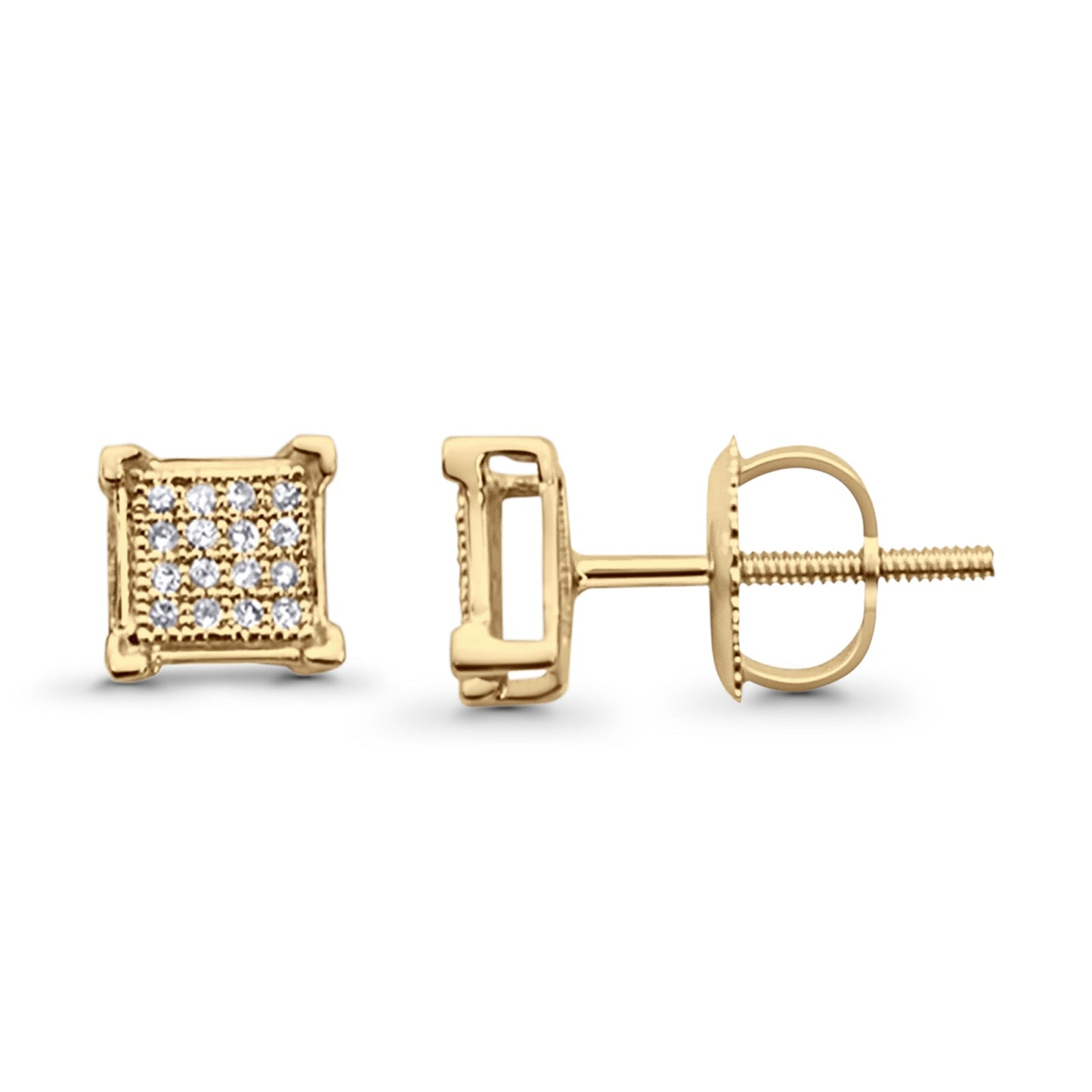 Solid 10K Yellow Gold 6mm Square Shaped Cluster Round Pave Diamond Stud Earrings Wholesale