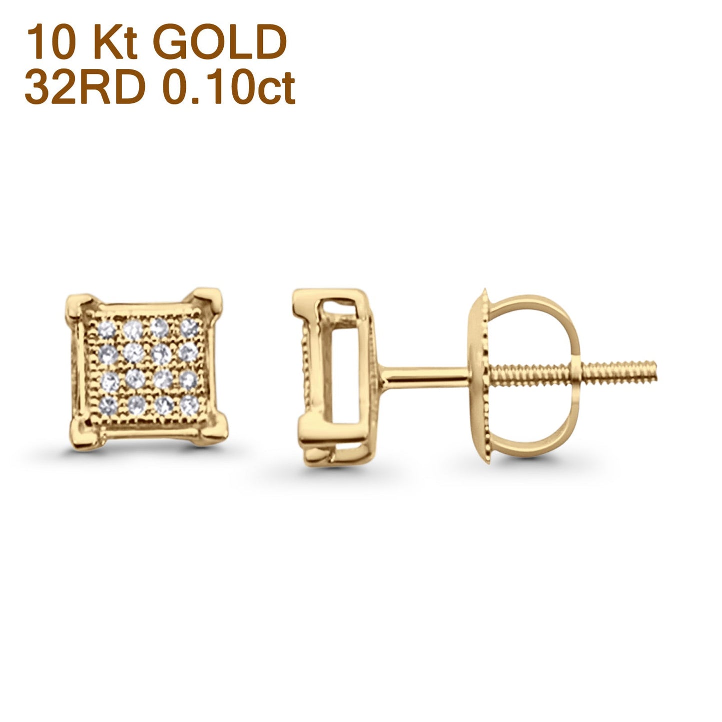 Solid 10K Yellow Gold 6mm Square Shaped Cluster Round Pave Diamond Stud Earrings Wholesale