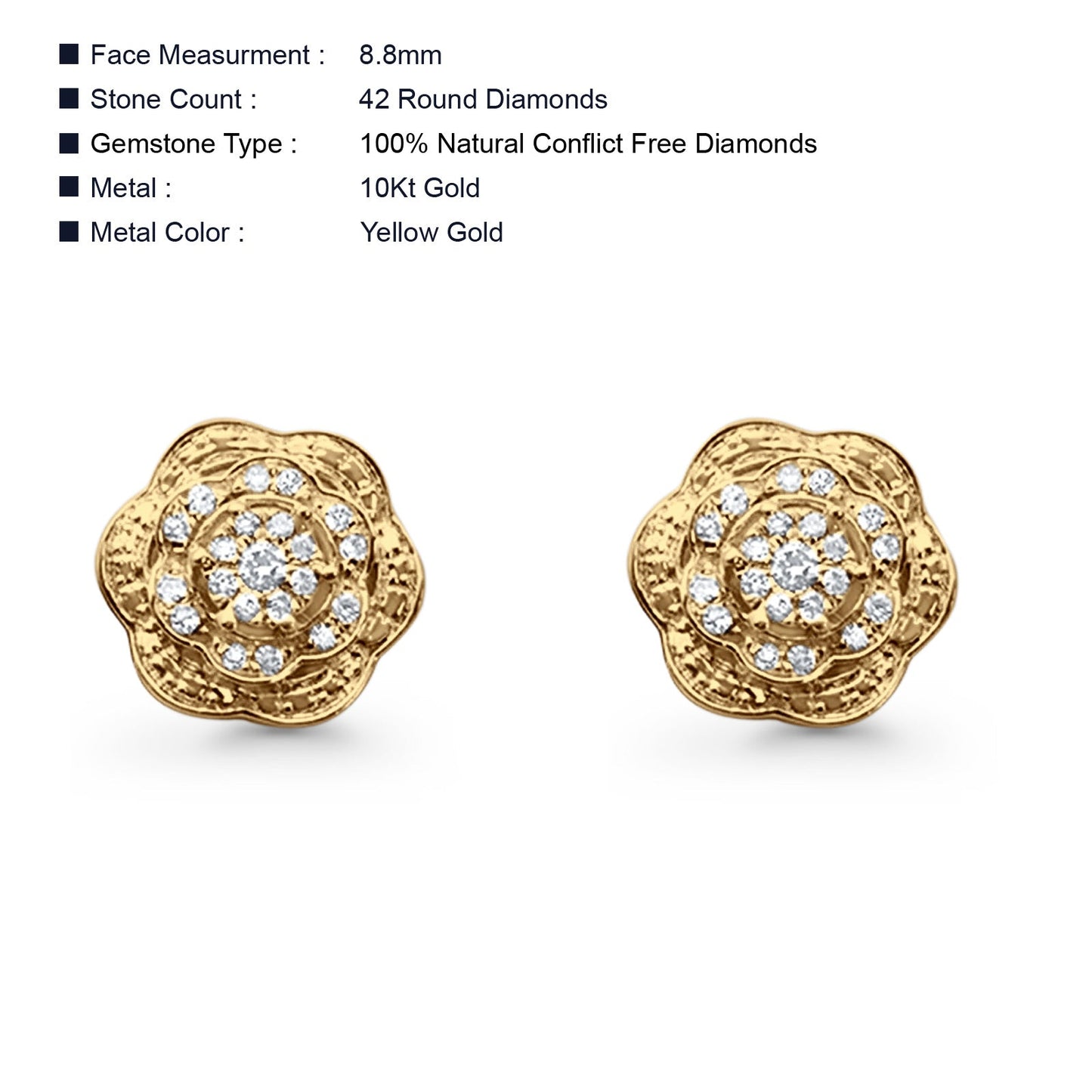 Solid 10K Yellow Gold 8.8mm Flower Shaped Round Pave Diamond Stud Earring Wholesale